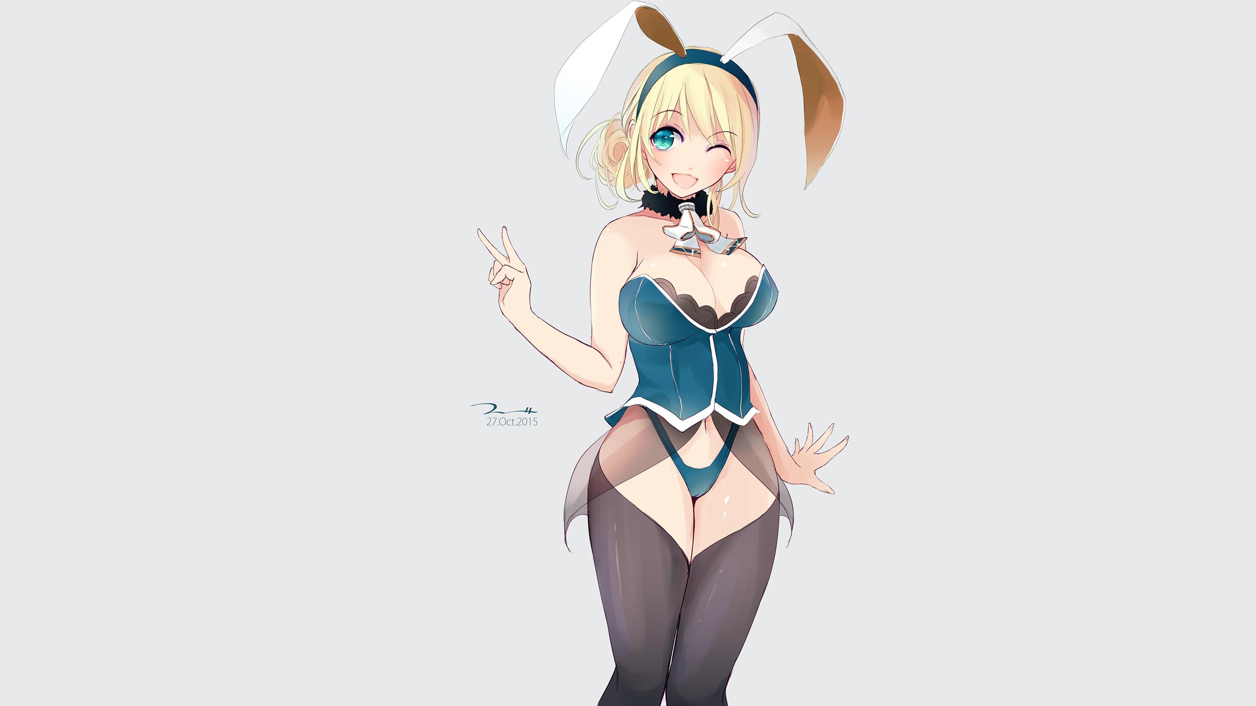 Anime 2560x1440 Atago (KanColle) bunny suit bunny ears blonde big boobs boobs ecchi panties blue panties aqua eyes white background simple background one eye closed open mouth bunny girl anime anime girls