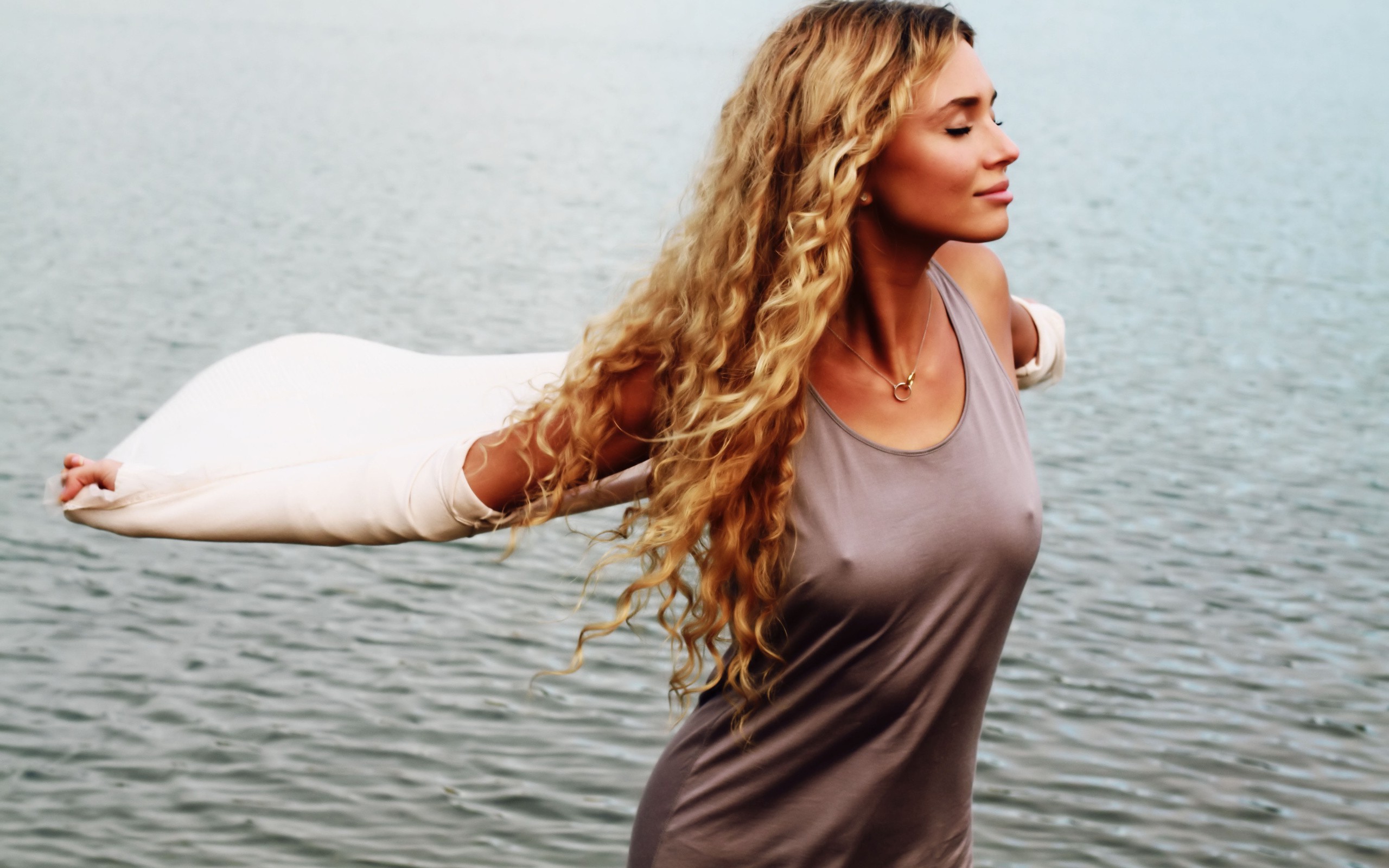 People 2560x1600 women water blonde necks nipples closed eyes curly hair face women outdoors long hair profile necklace nipples through clothing nature outdoors