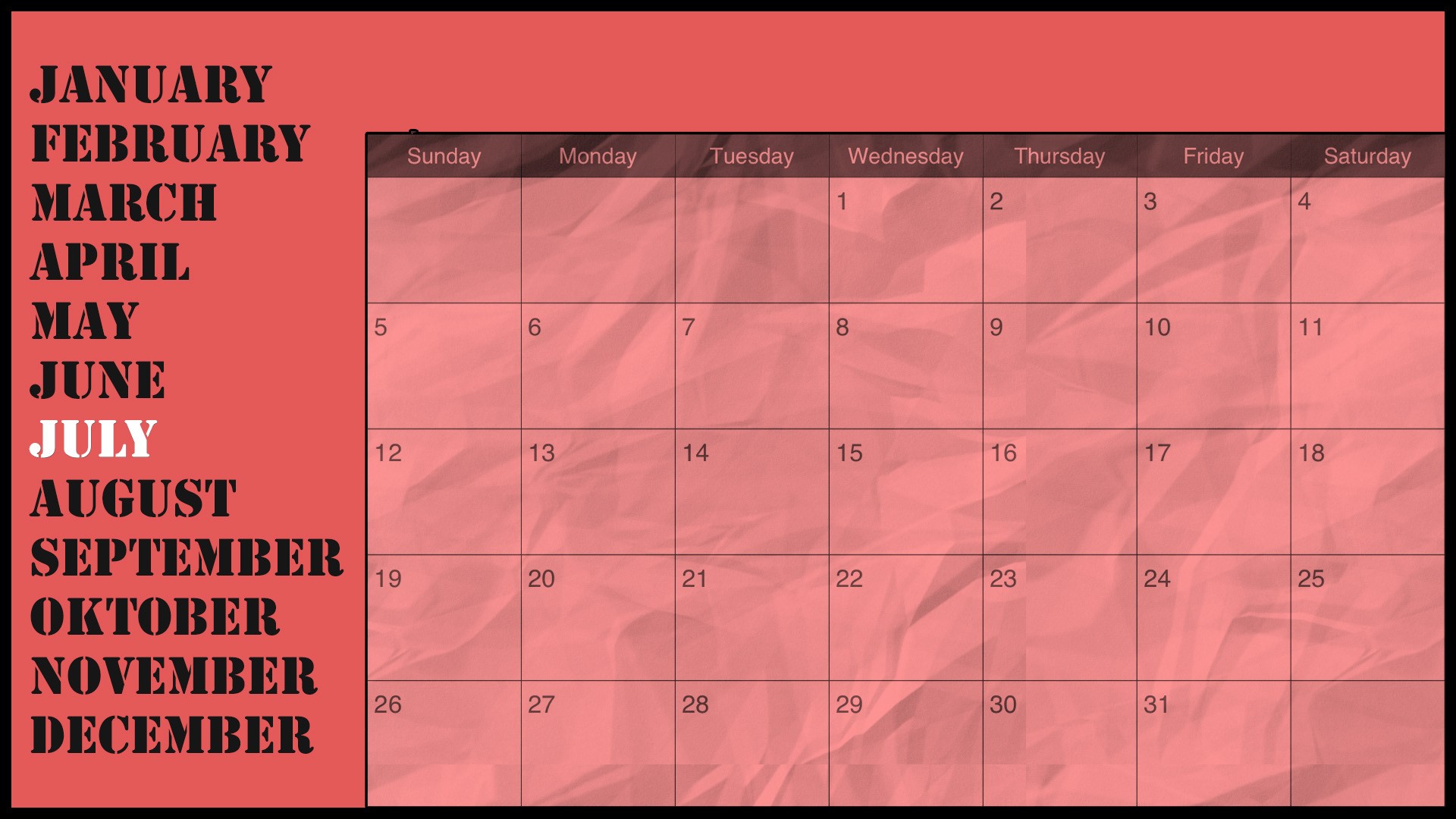 General 1920x1080 calendar numbers july red background 2015 (Year)