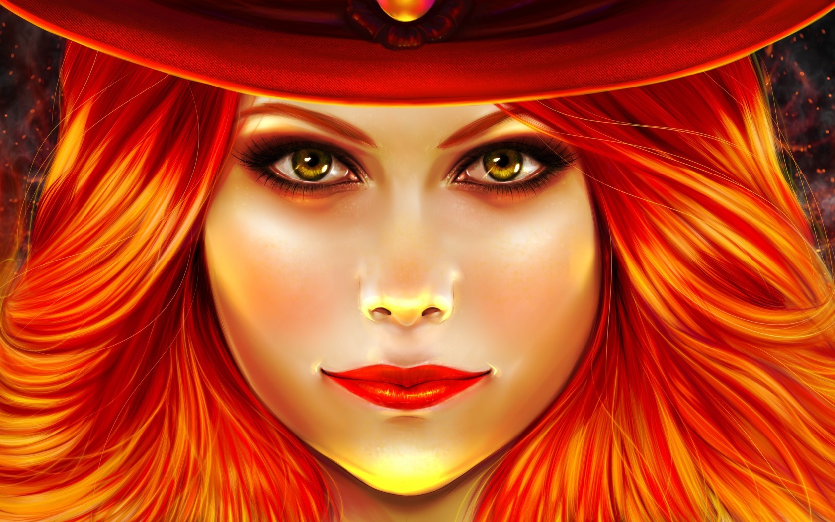 General 1680x1050 artwork women face closeup makeup red lipstick yellow eyes lipstick looking at viewer