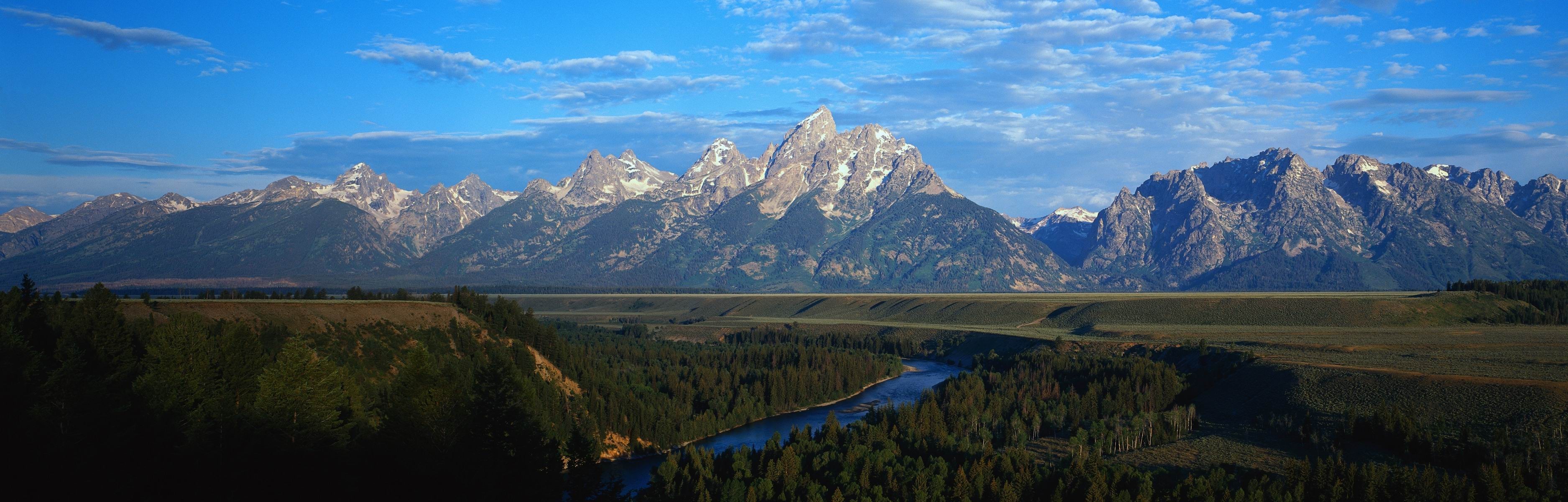 General 3750x1200 landscape mountains river dual monitors Grand Teton National Park Wyoming USA mountain pass Snake River overlook