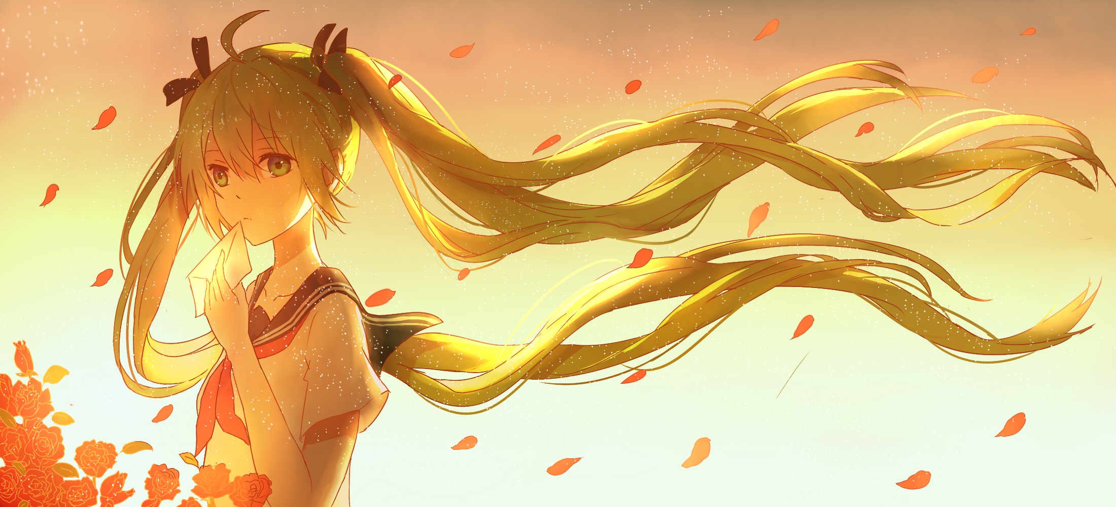 Anime 2200x1000 Vocaloid Hatsune Miku long hair twintails ribbon flowers petals wind anime girls anime letter sunlight