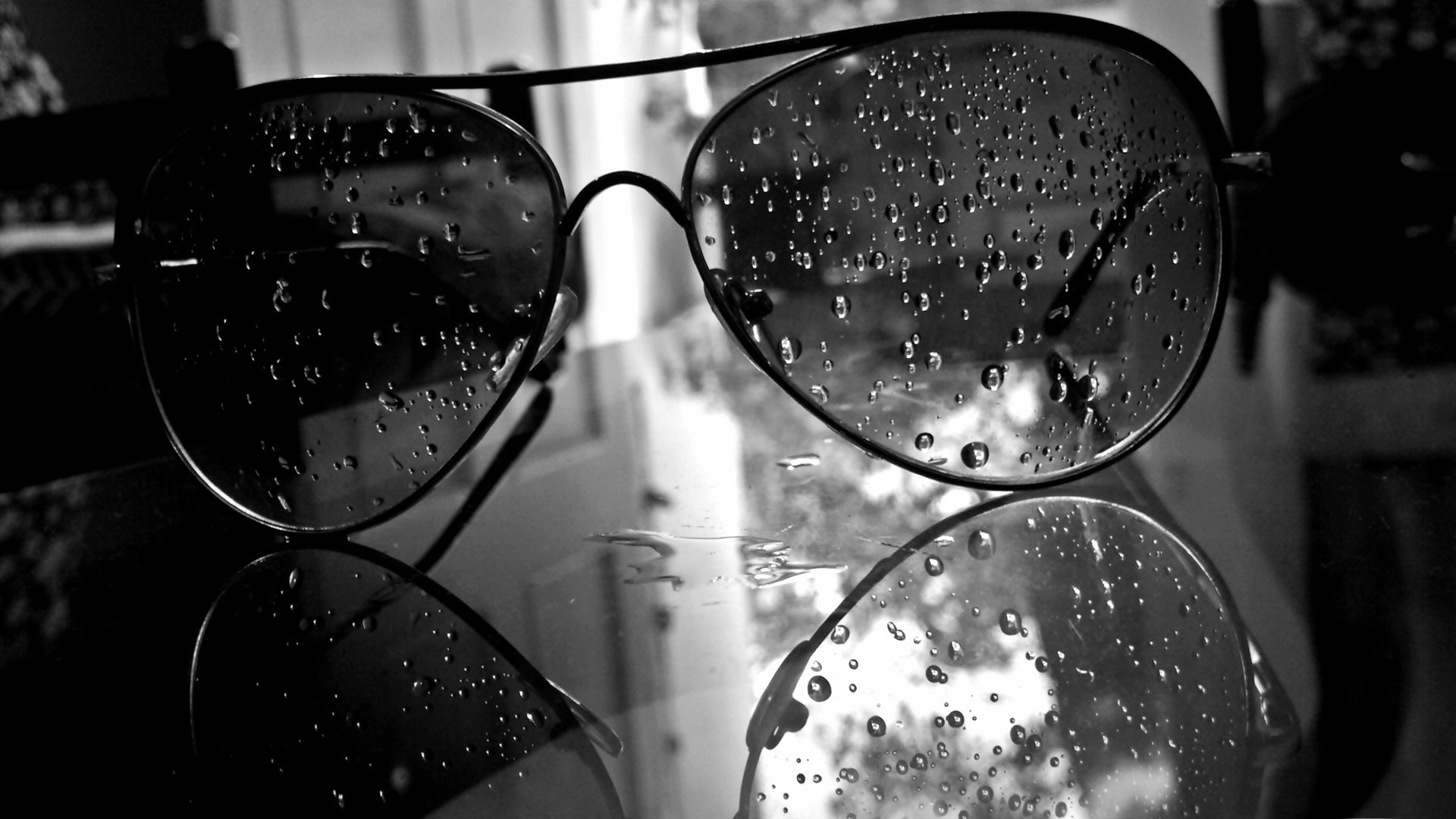 General 1920x1080 glasses water drops monochrome sunglasses water on glass reflection