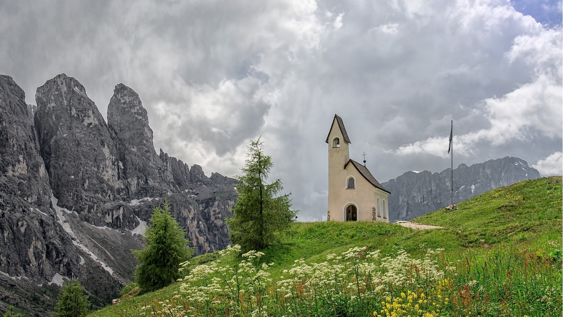 General 1920x1080 nature landscape mountains trees Dolomites church field snow rocks clouds flowers