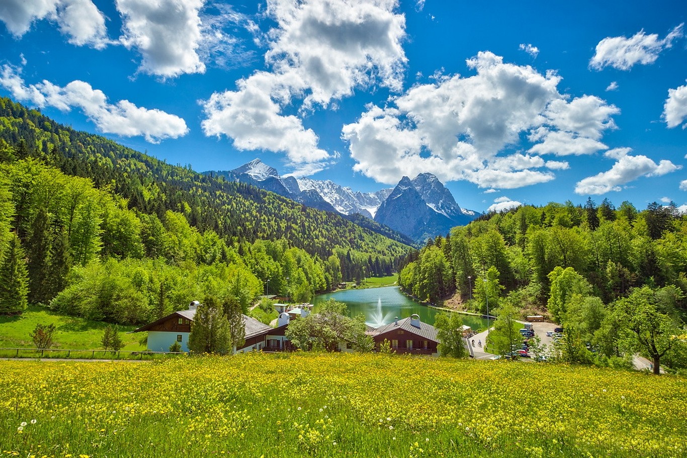 General 1366x911 lake Germany summer clouds green house wildflowers mountains forest nature landscape field