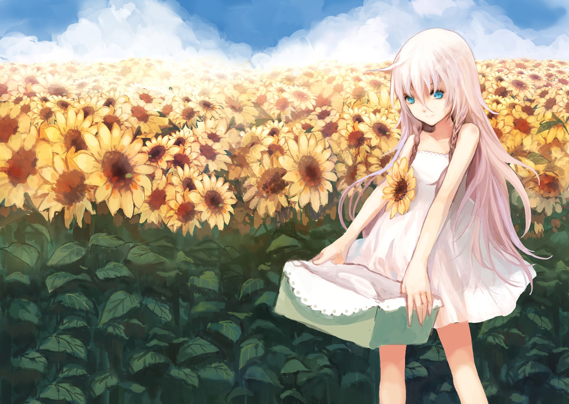 Anime 1920x1364 anime girls Vocaloid sun dress sunflowers flowers plants dress summer dress anime aqua eyes pink hair long hair standing women outdoors