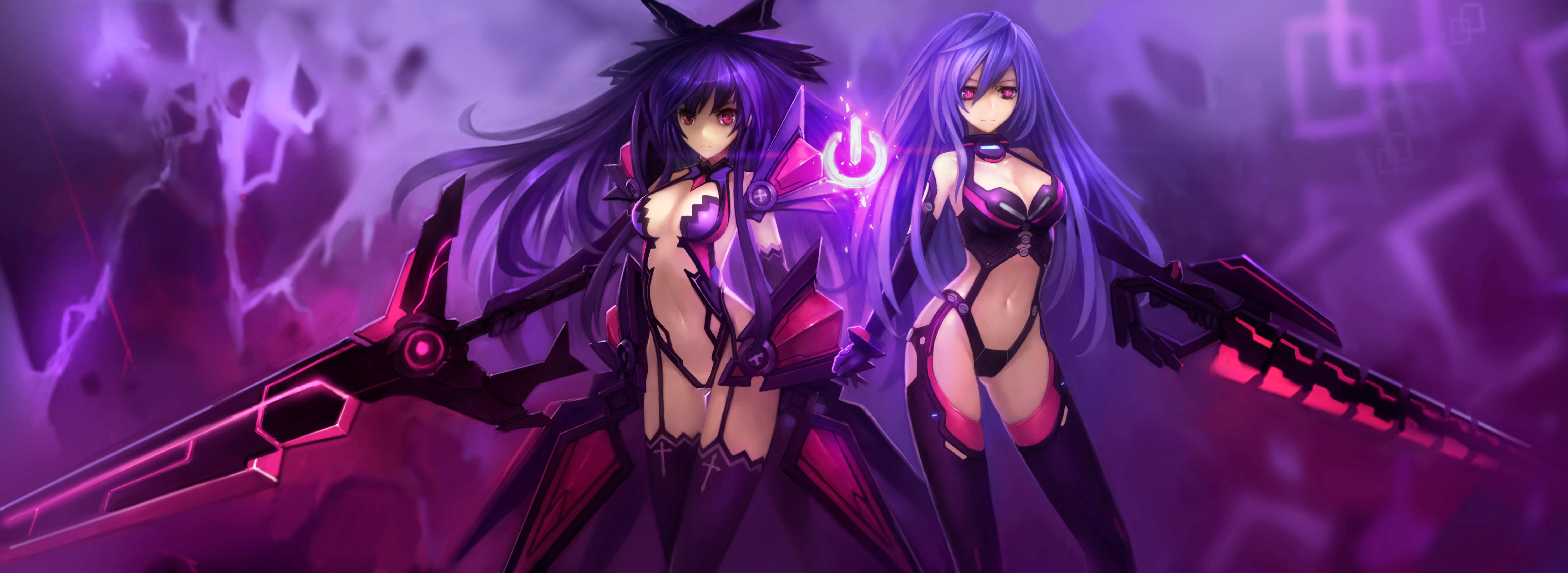 Anime 7507x2745 weapon anime anime girls sword Date A Live Yatogami Tohka Hyperdimension Neptunia Iris Heart two women boobs belly women with swords purple hair long hair red eyes standing