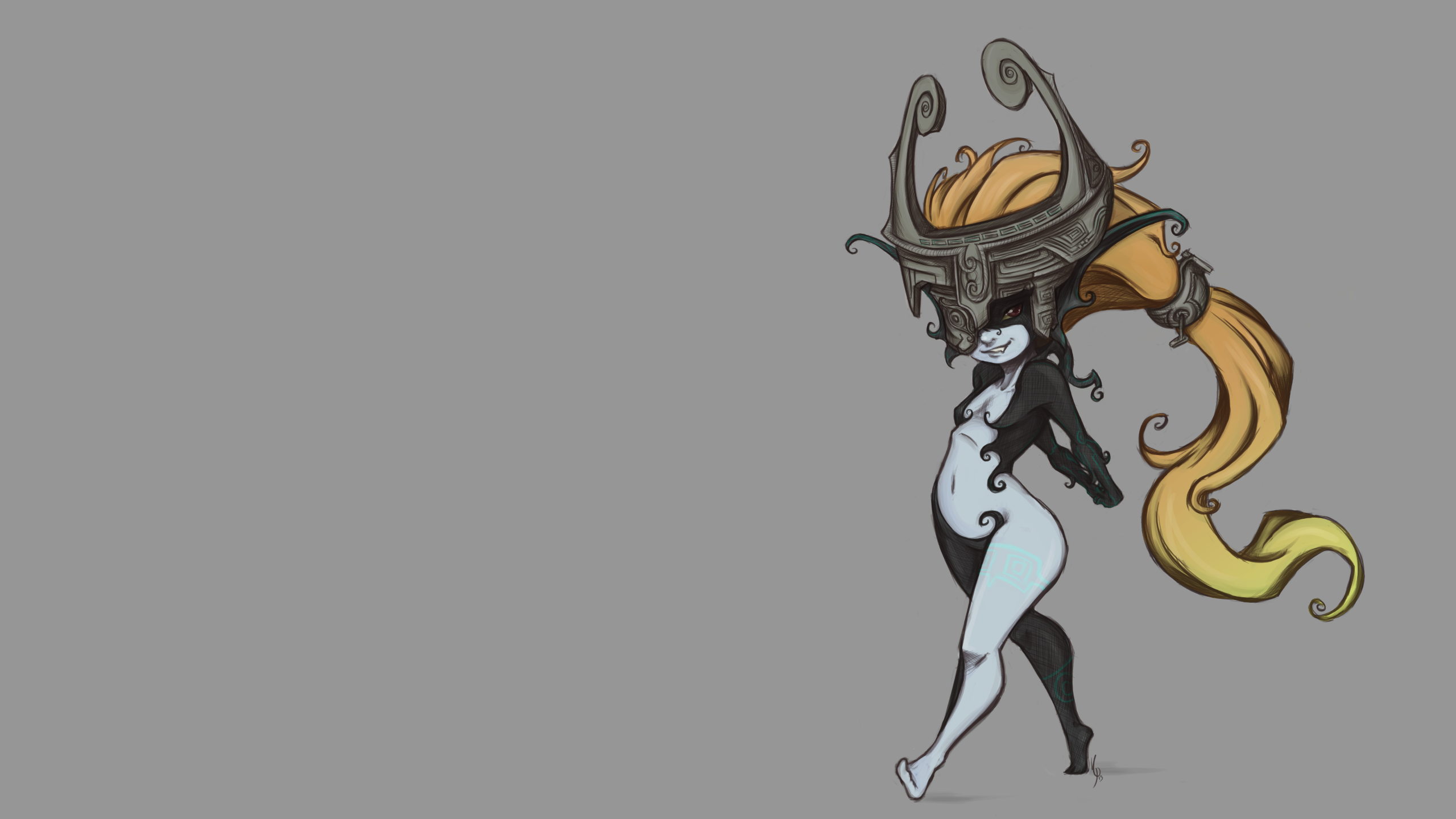 Anime 2560x1440 Midna The Legend of Zelda: Twilight Princess The Legend of Zelda watermarked video games video game art simple background gray background long hair belly legs video game girls