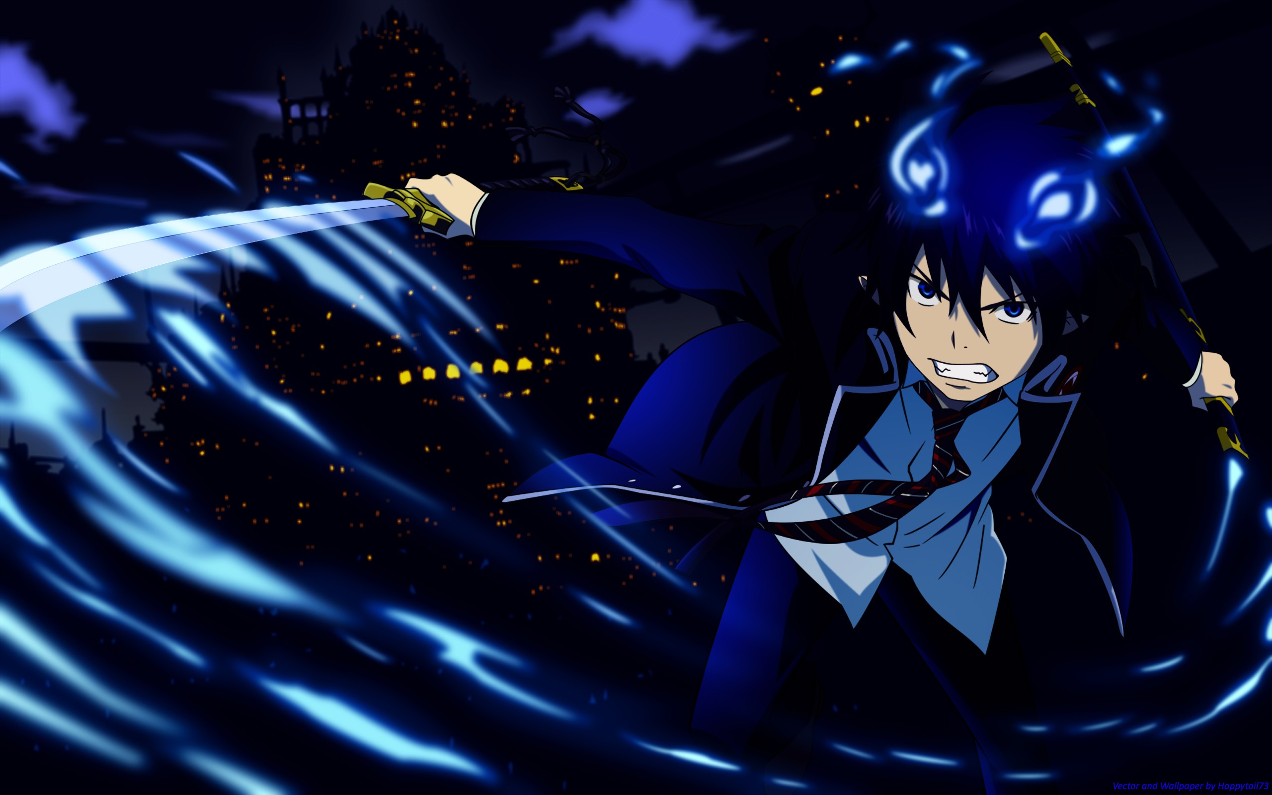 Anime 2560x1600 anime Blue Exorcist demon Okumura Rin anime boys sword weapon blue eyes angry tie