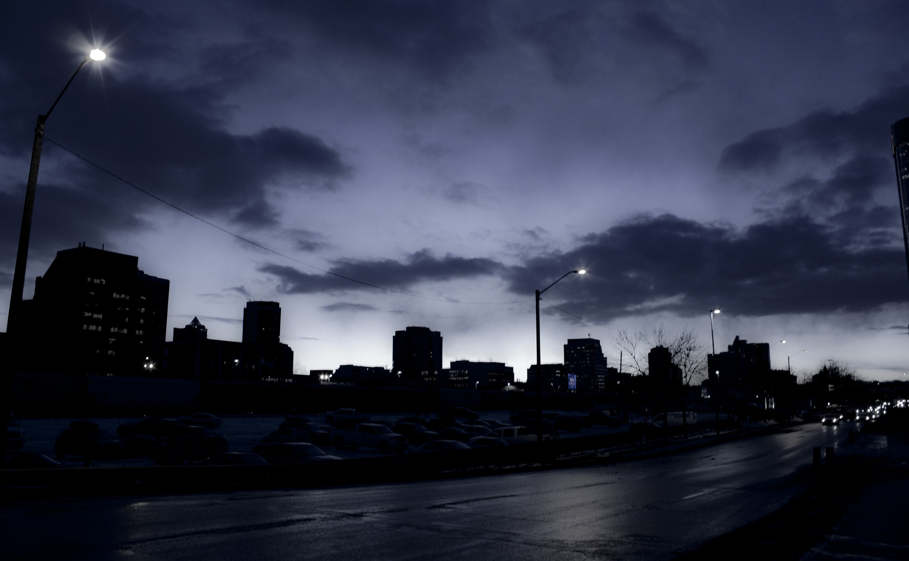 General 3839x2369 photography city urban dusk lights street building Canada Calgary road wet street violet