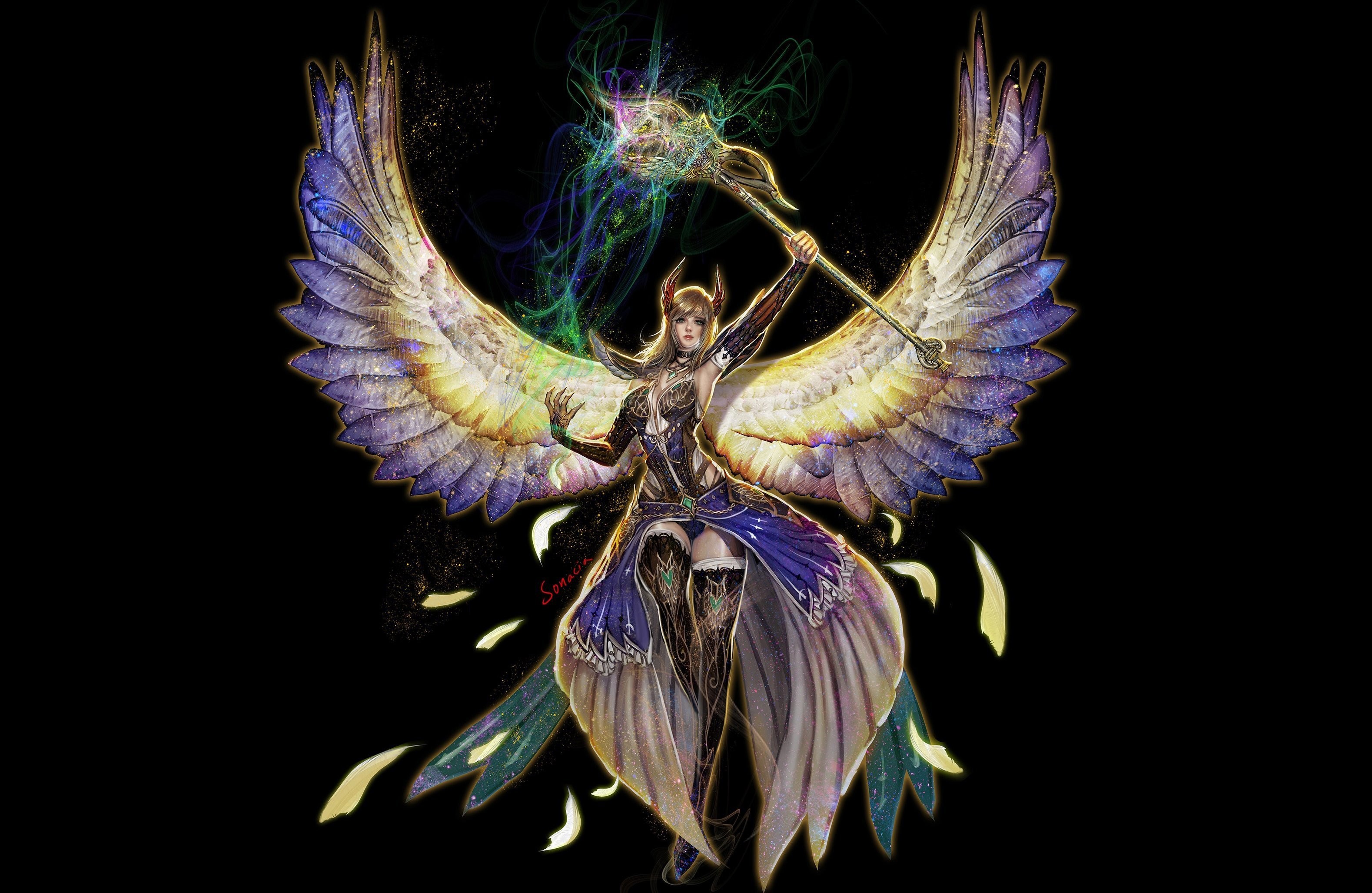 General 3157x2055 artwork fantasy art fantasy girl wings black background staff