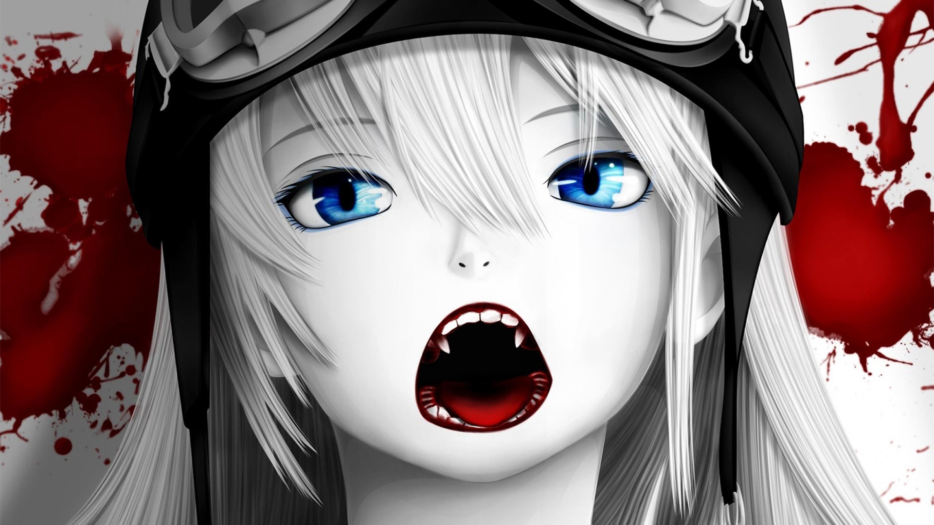 Anime 1920x1080 Monogatari Series anime girls selective coloring anime teeth blood vampires face blue eyes