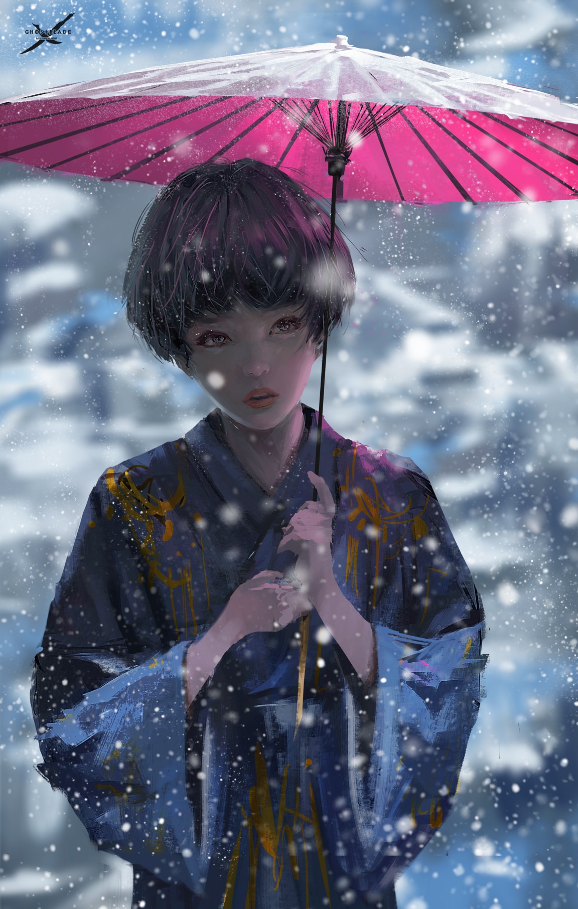 Anime 1152x1812 WLOP fantasy art anime girls snow umbrella anime Ghostblade women women with umbrella artwork Pixiv