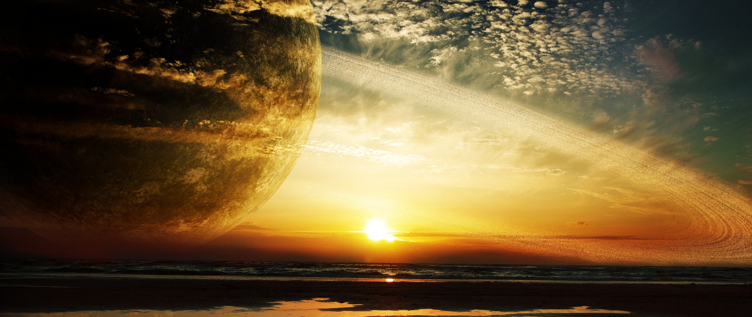 General 2560x1080 planet sea beach clouds orange sunset digital art sky horizon sunlight