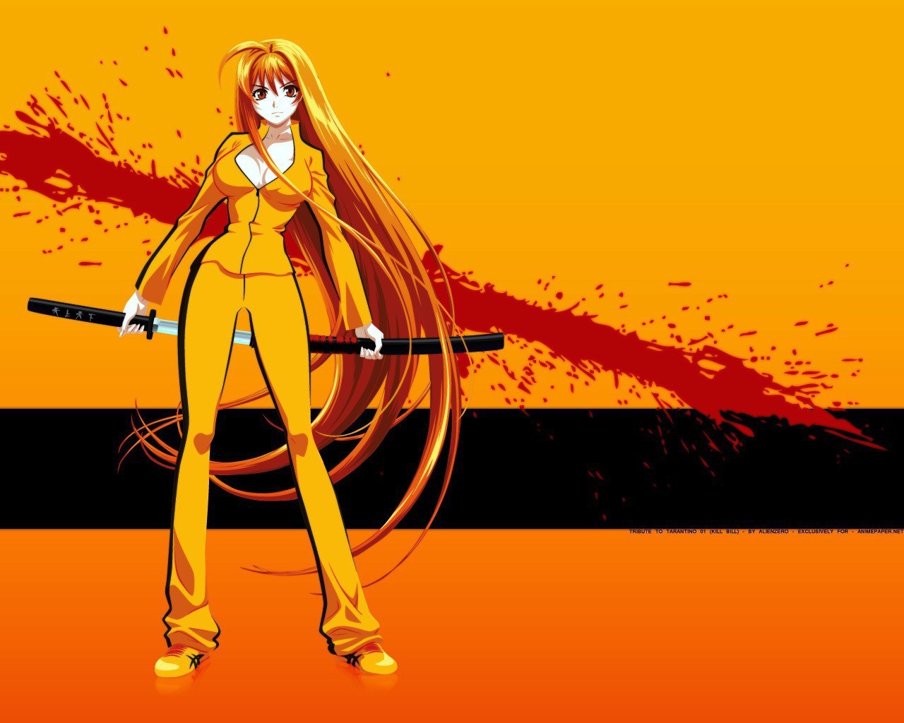 Anime 1280x1024 anime Kill Bill Tenjou Tenge Natsume Aya women blood blood spatter katana sword weapon movies boobs long hair red eyes yellow clothing women with swords