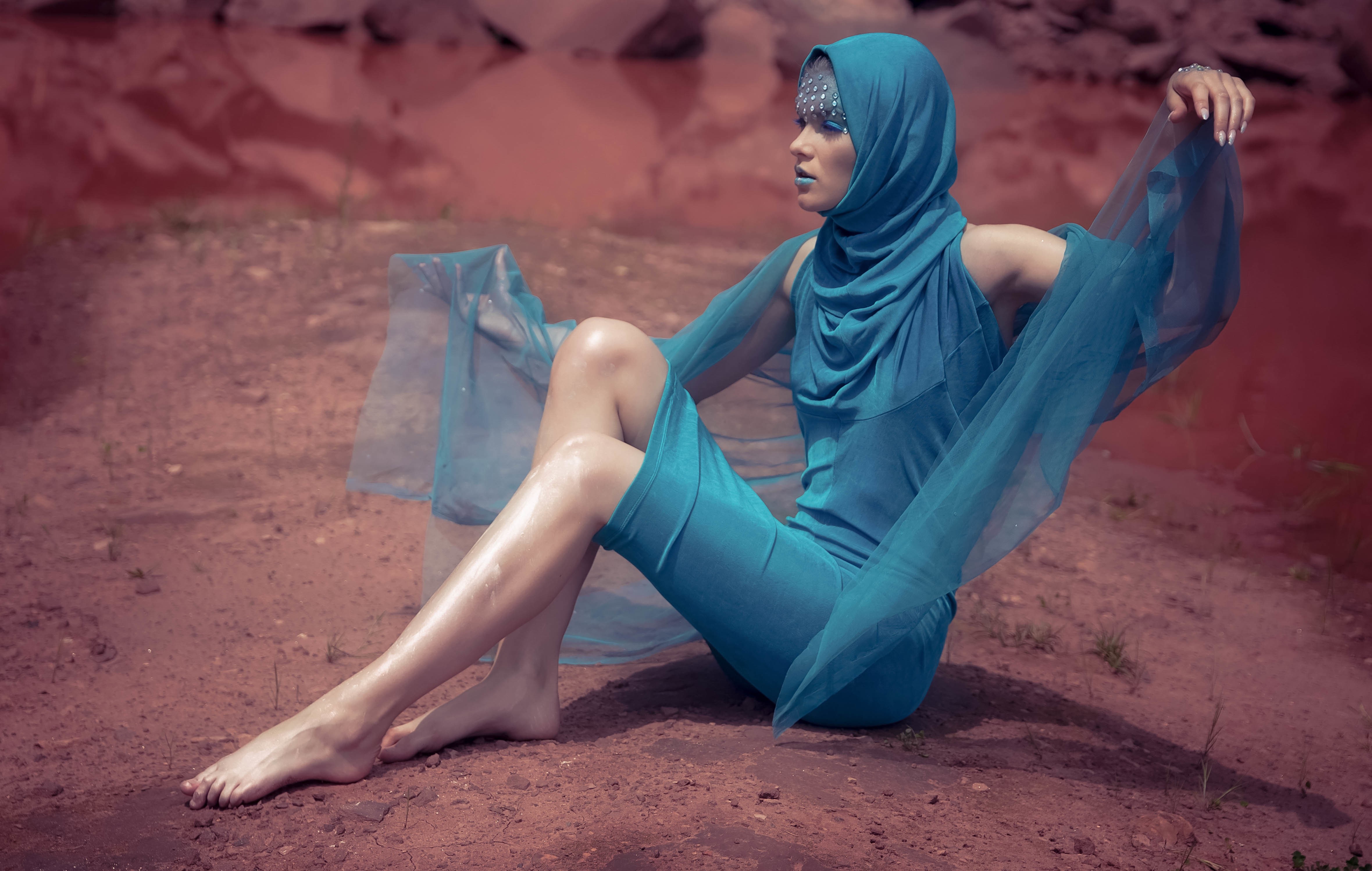 People 4719x2998 women model blue dress barefoot face paint women outdoors Conceptual makeup blue clothing