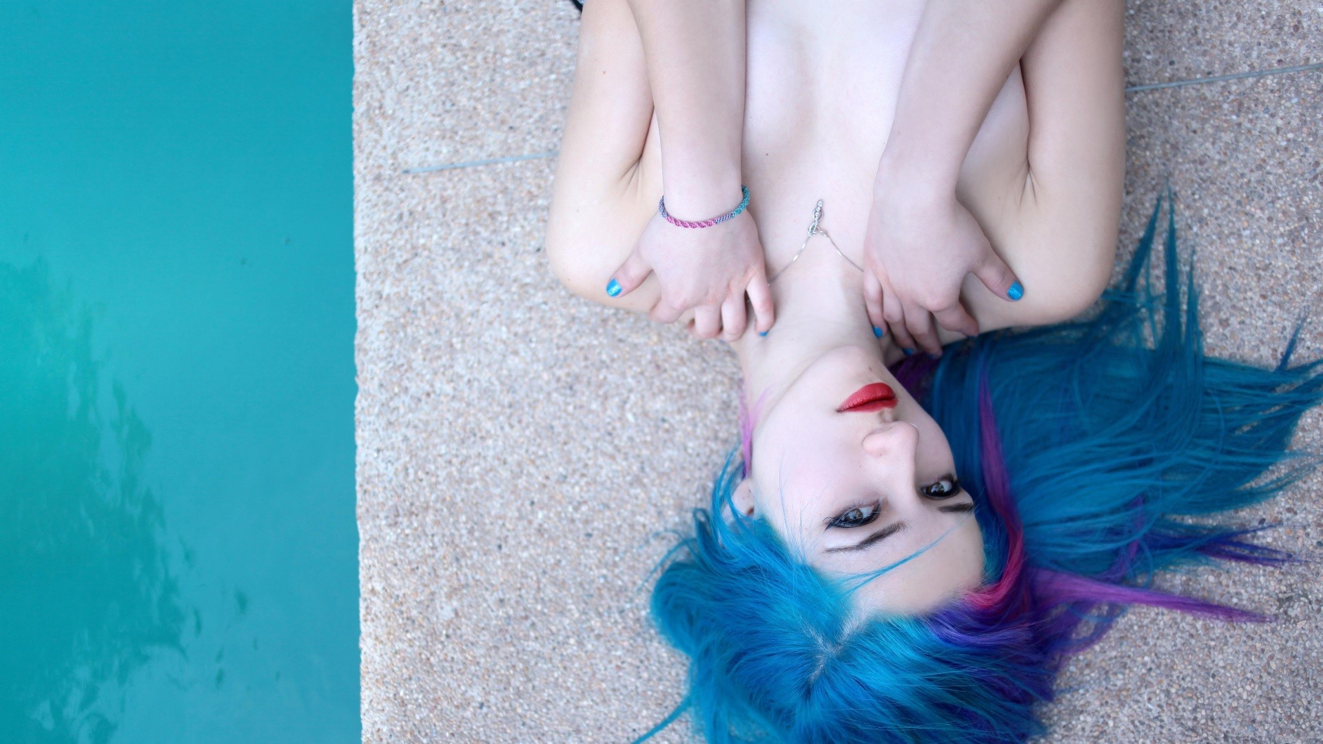 People 1920x1080 Fay Suicide blue hair pink hair pale swimming pool dyed hair women cyan cyan nails painted nails red lipstick lying on back looking at viewer Suicide Girls Latinas Chilean Chilean women model closeup multi-colored hair