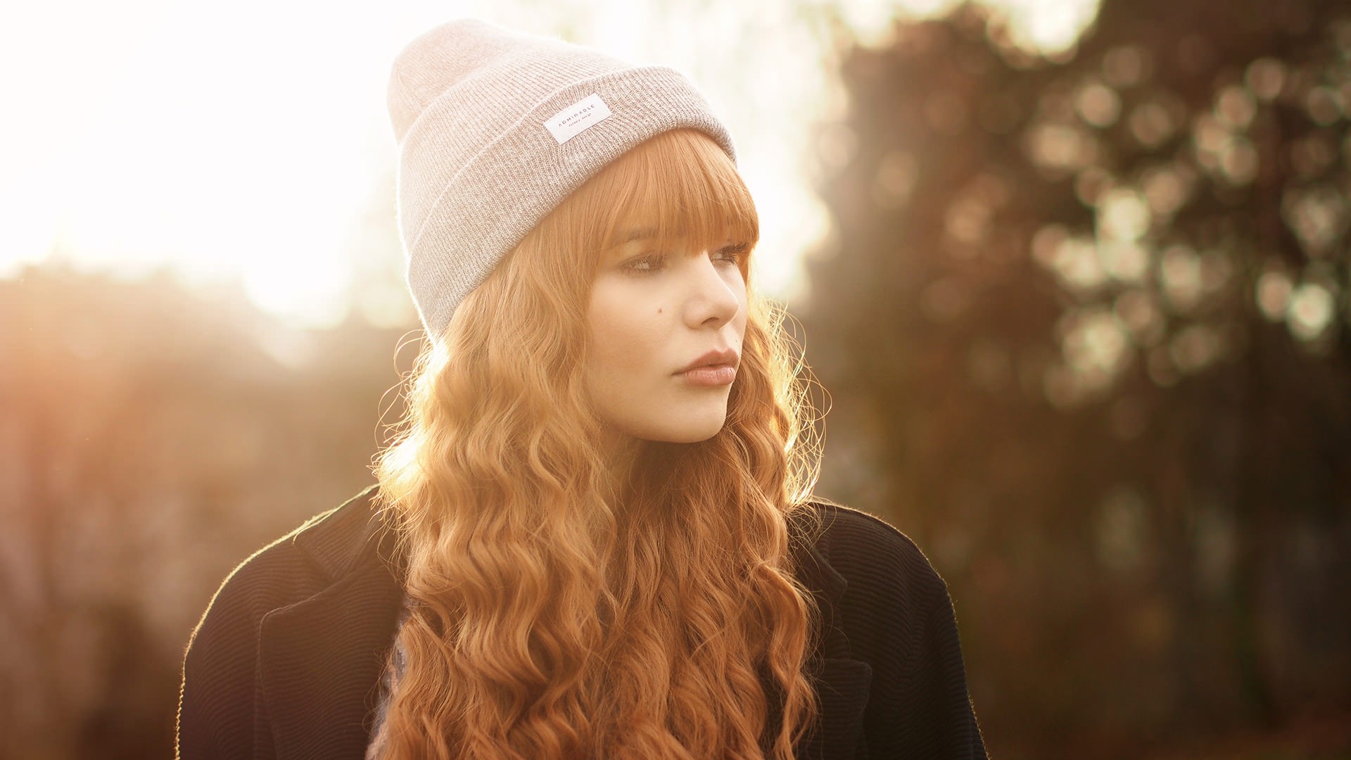 People 1920x1080 Julia Coldfront women redhead face portrait wool cap long hair women outdoors looking away hat natural light red lipstick closeup overexposed