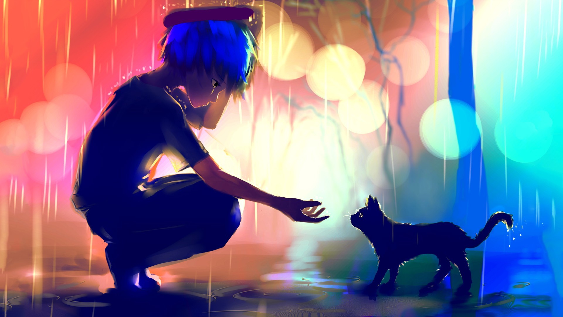 Anime 1920x1080 artwork rain cats Apofiss blue hair bokeh anime girls lights animals red