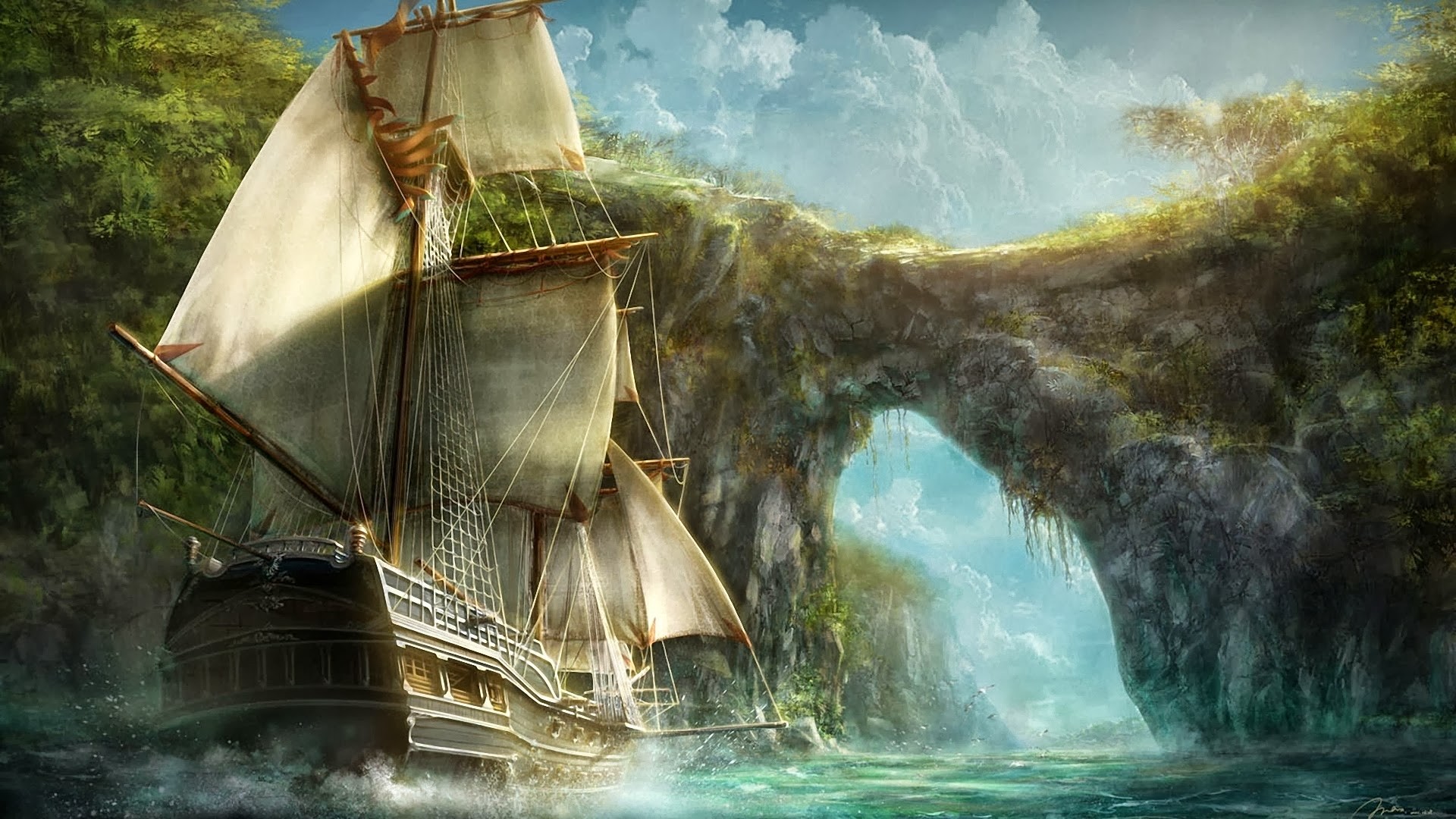 General 1920x1080 fantasy art ship nature sailing ship rigging (ship) vehicle digital art