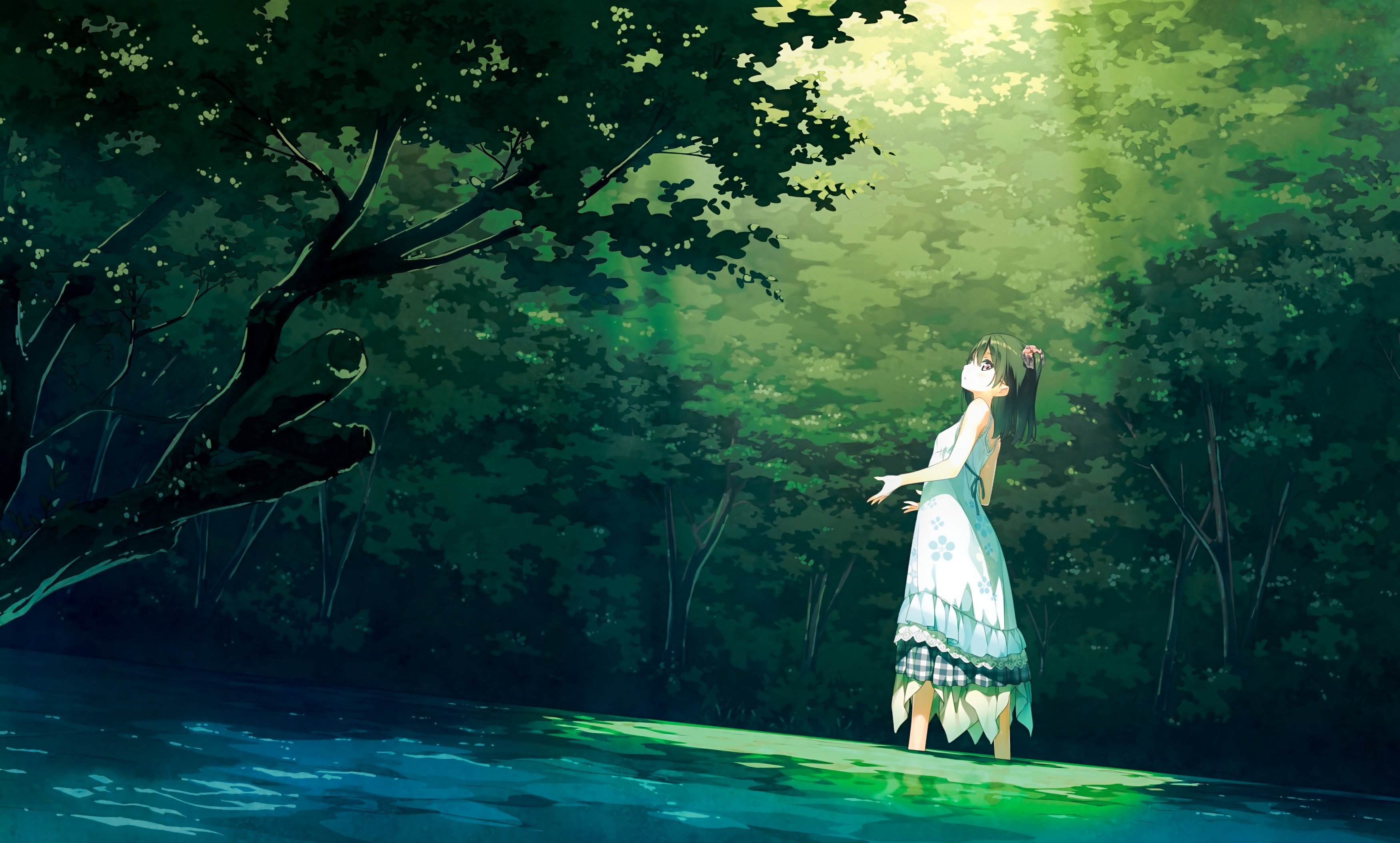 Anime 3500x2108 original characters landscape trees Afterschool of the 5th year Shizuku (Kantoku) Kantoku anime girls forest dress anime women outdoors dark hair water in water