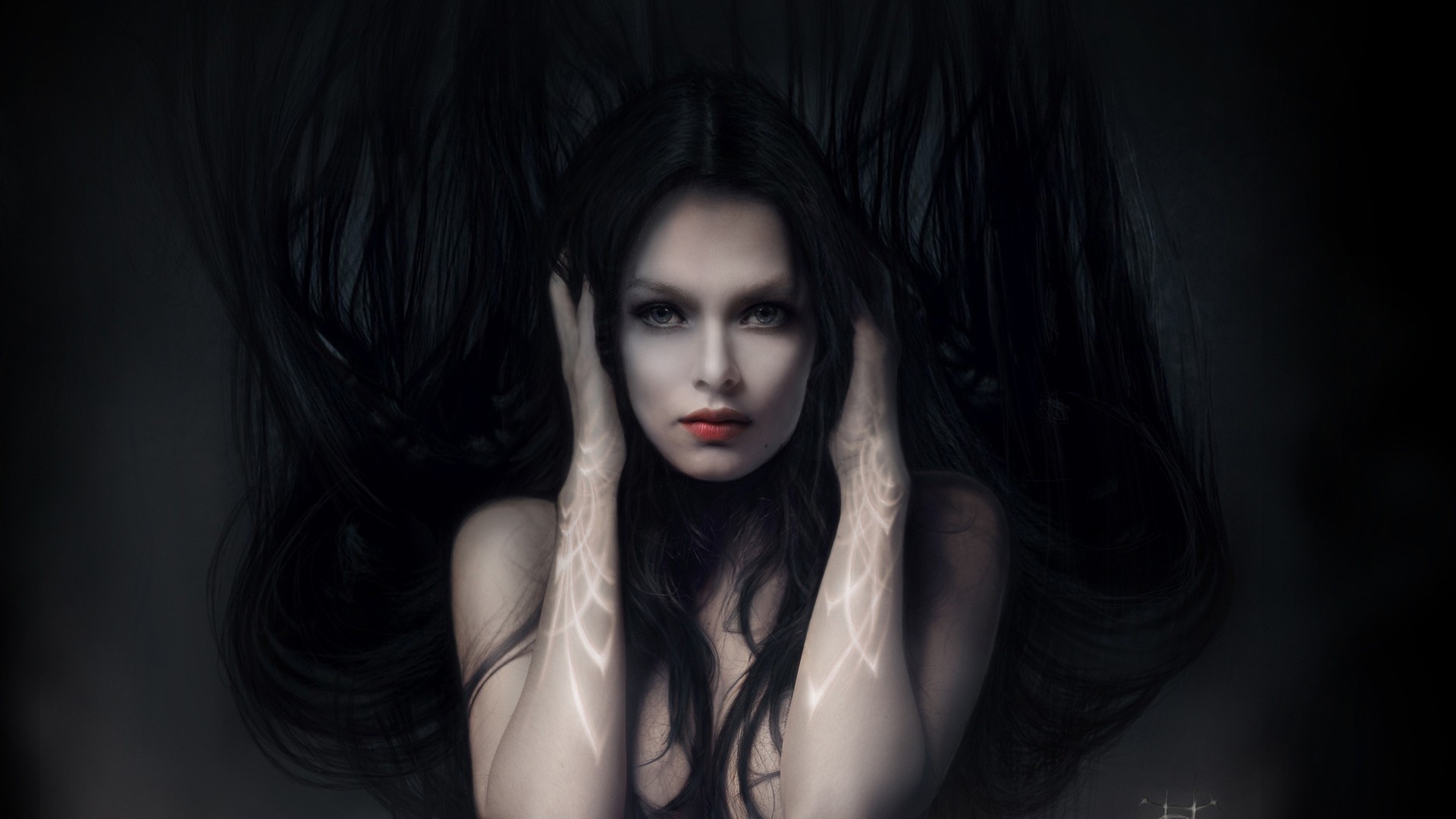 General 1920x1080 women fantasy art fantasy girl dark hair artwork looking at viewer black hair long hair red lipstick face