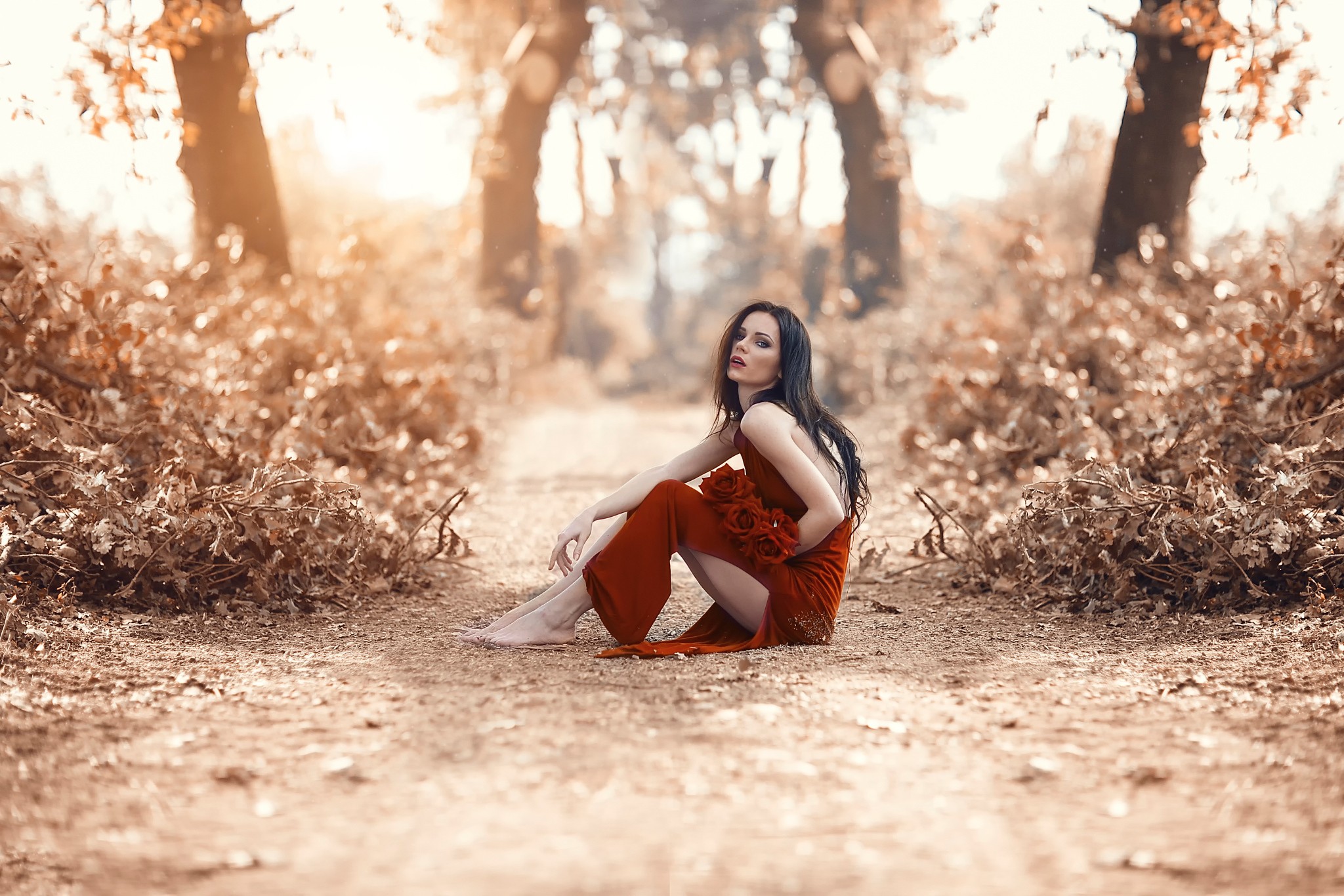 People 2048x1366 women outdoors model Alessandro Di Cicco sepia selective coloring women brunette long hair red dress barefoot looking at viewer red clothing outdoors open mouth