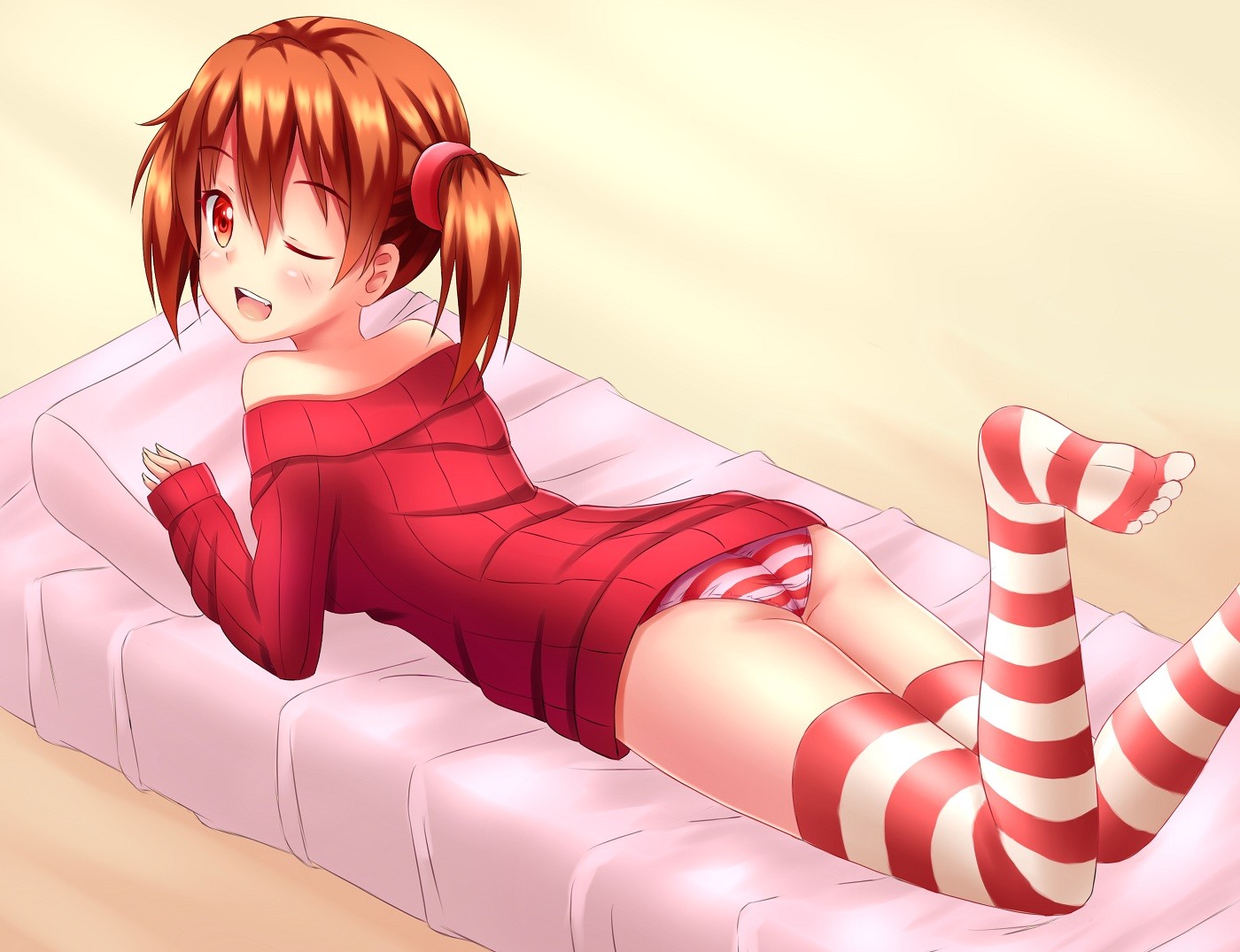 Anime 1400x1075 fast-runner-2024 Ayano Keiko Sword Art Online anime girls anime lying on front one eye closed red eyes open mouth panties striped panties striped stockings underwear stockings simple background
