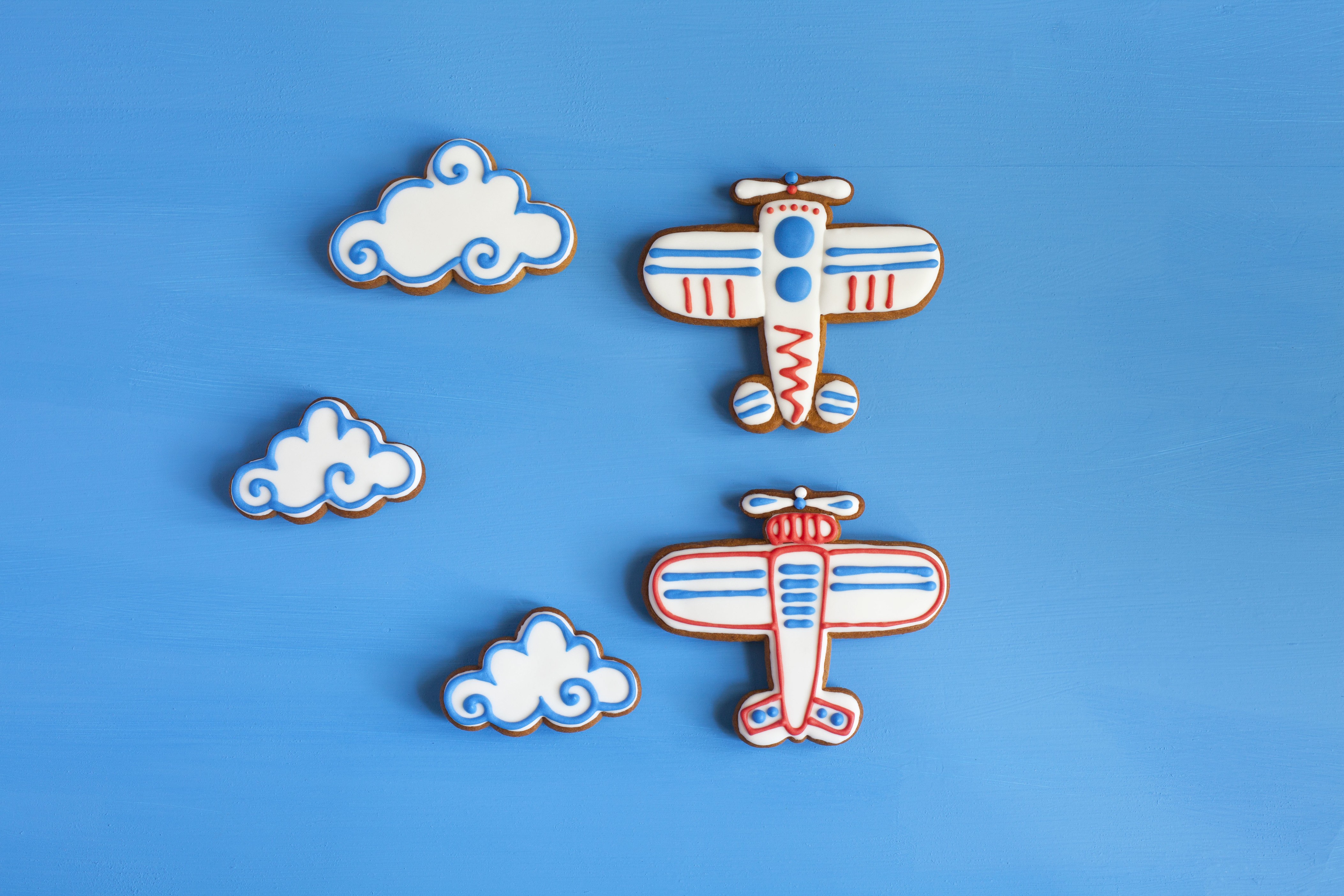 General 4212x2808 cookies food blue icing airplane clouds aircraft vehicle sweets blue background simple background digital art