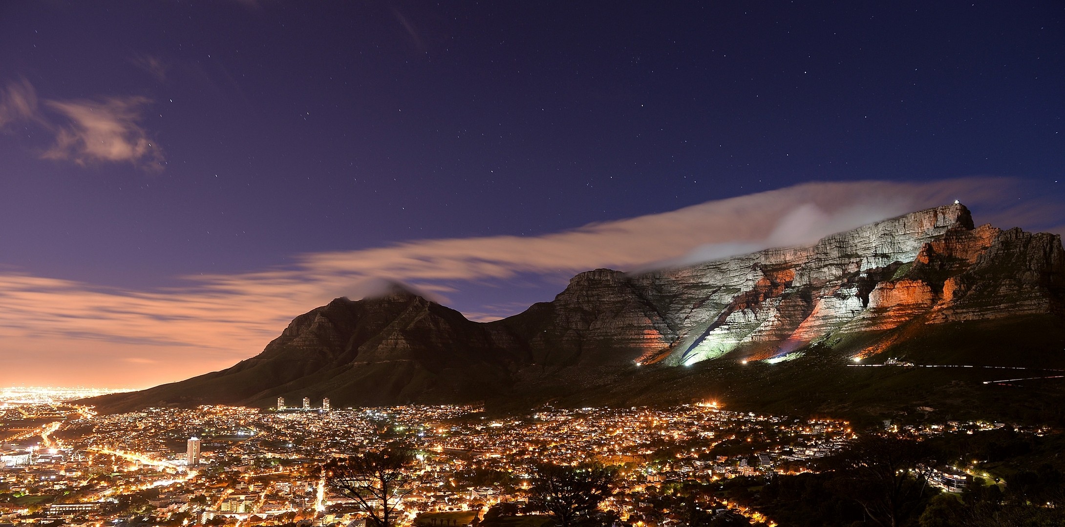 General 2180x1080 mountains city Cape Town city lights cityscape Table Mountain clouds night lights spotlights