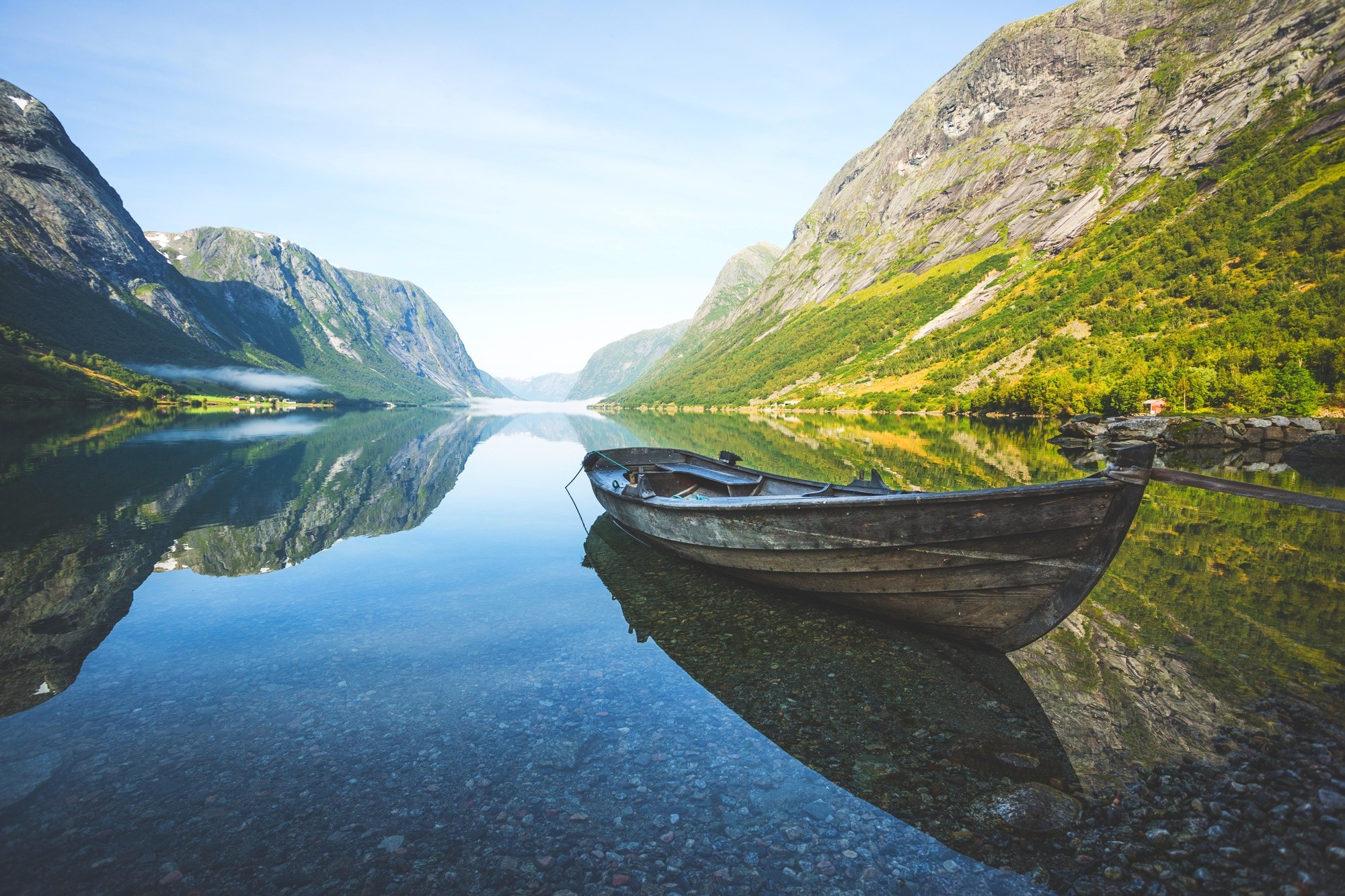 General 2000x1333 nature landscape fjord mountains boat reflection grass summer shrubs Norway calm mist nordic landscapes vehicle