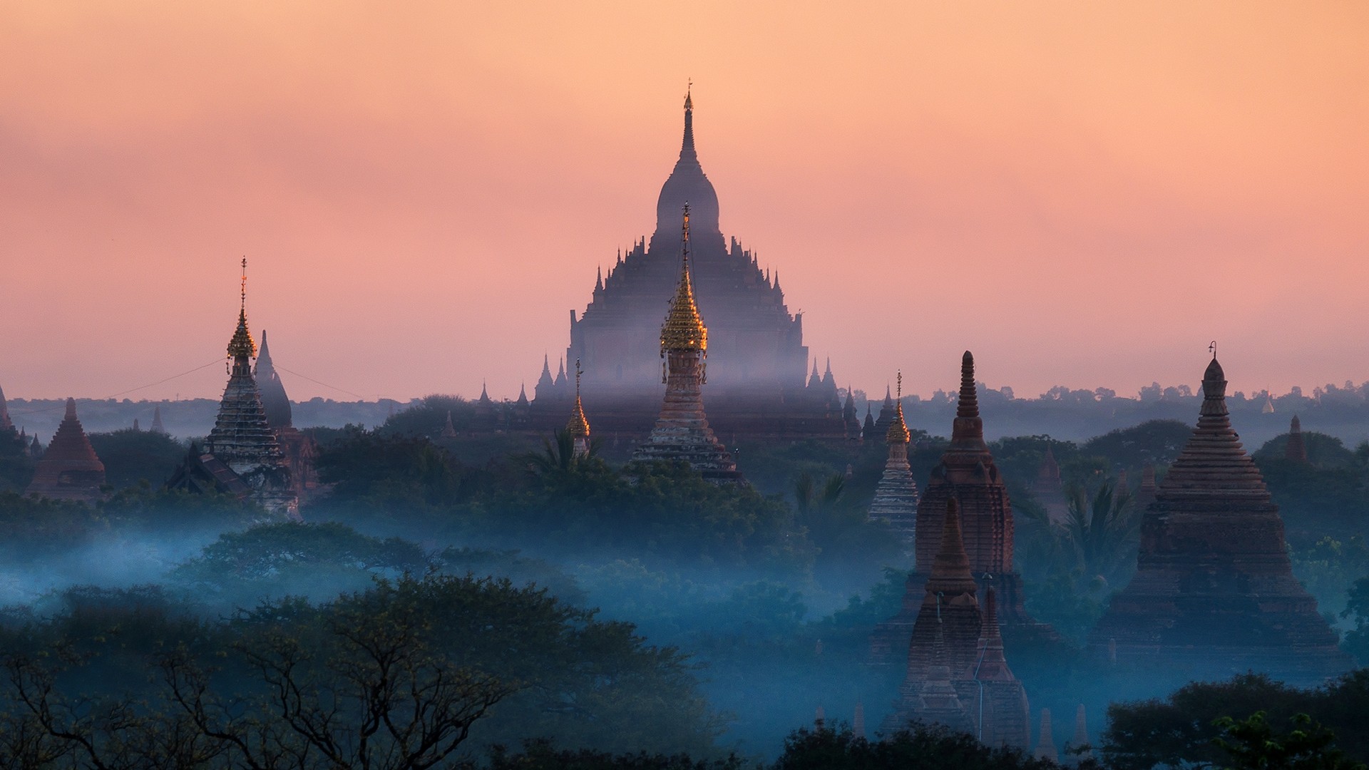 General 1920x1080 nature landscape temple mist Buddhism tropical forest sunlight blue Myanmar architecture