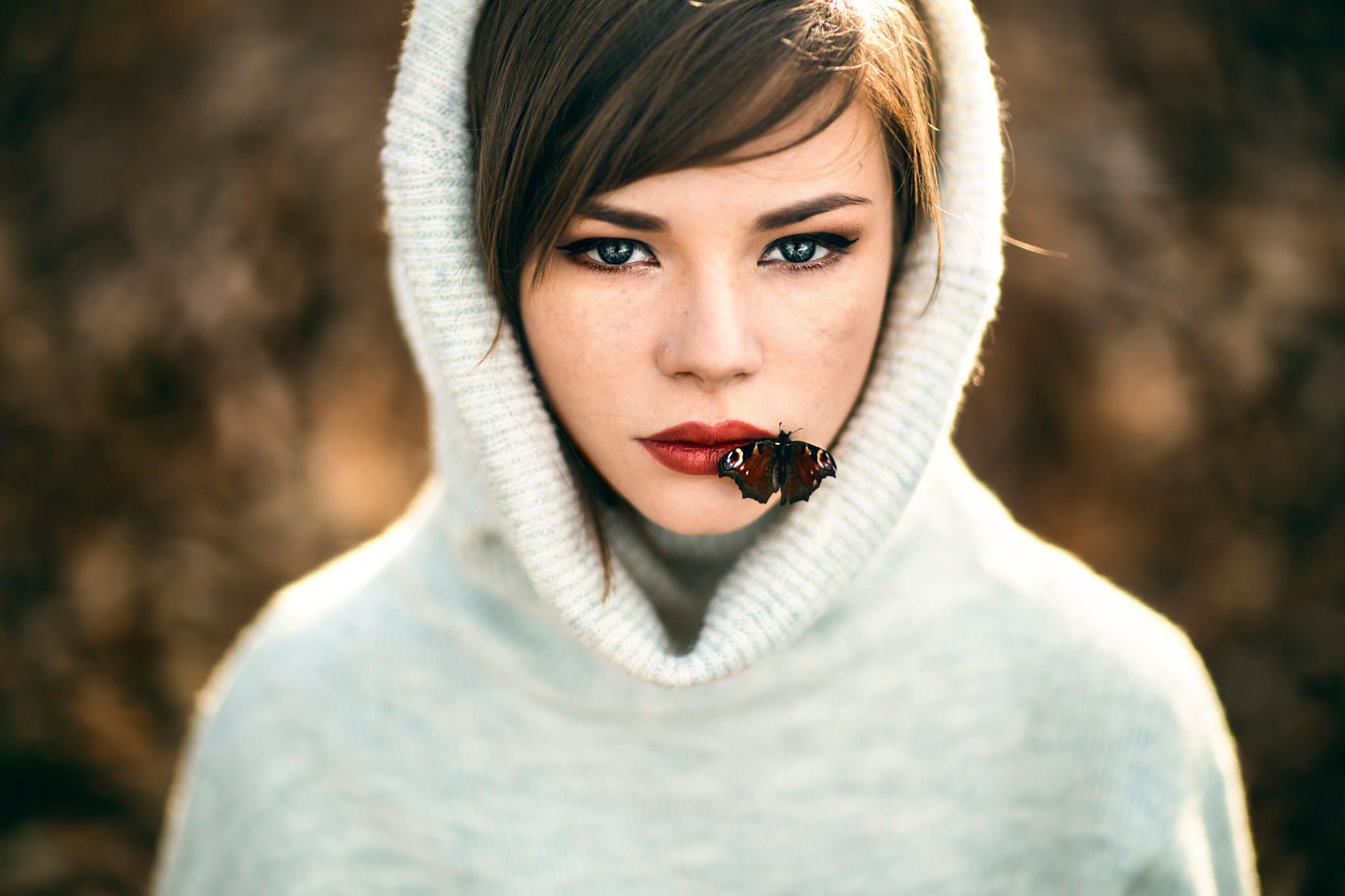 People 2048x1365 women face lepidoptera insect hoods animals red lipstick brunette women outdoors portrait white sweater looking at viewer
