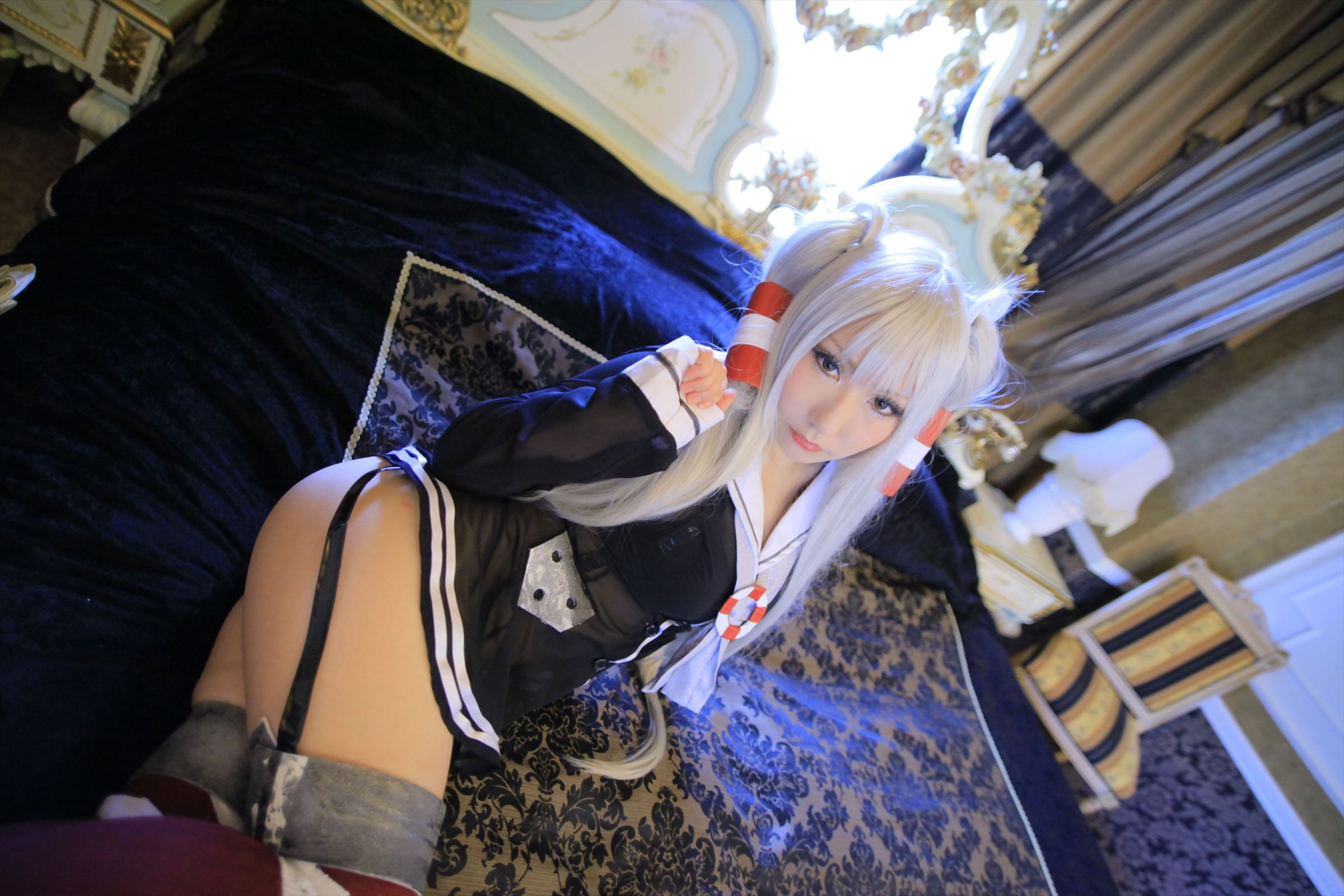 People 2400x1600 cosplay Asian women wigs see-through blouse in bed lying on side Amatsukaze (Kancolle) model white hair looking at viewer women indoors long hair