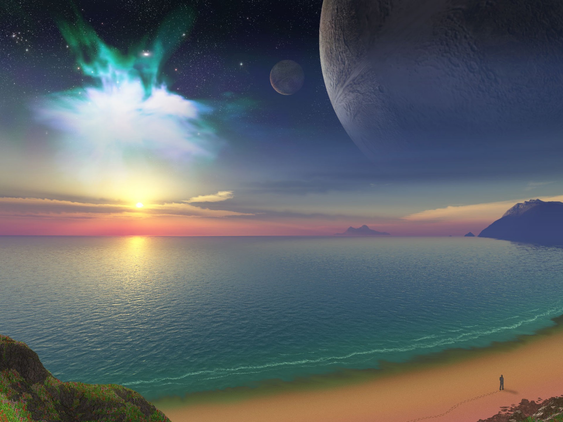 General 1920x1440 nature space art digital art fantasy art CGI sea sky planet Moon beach