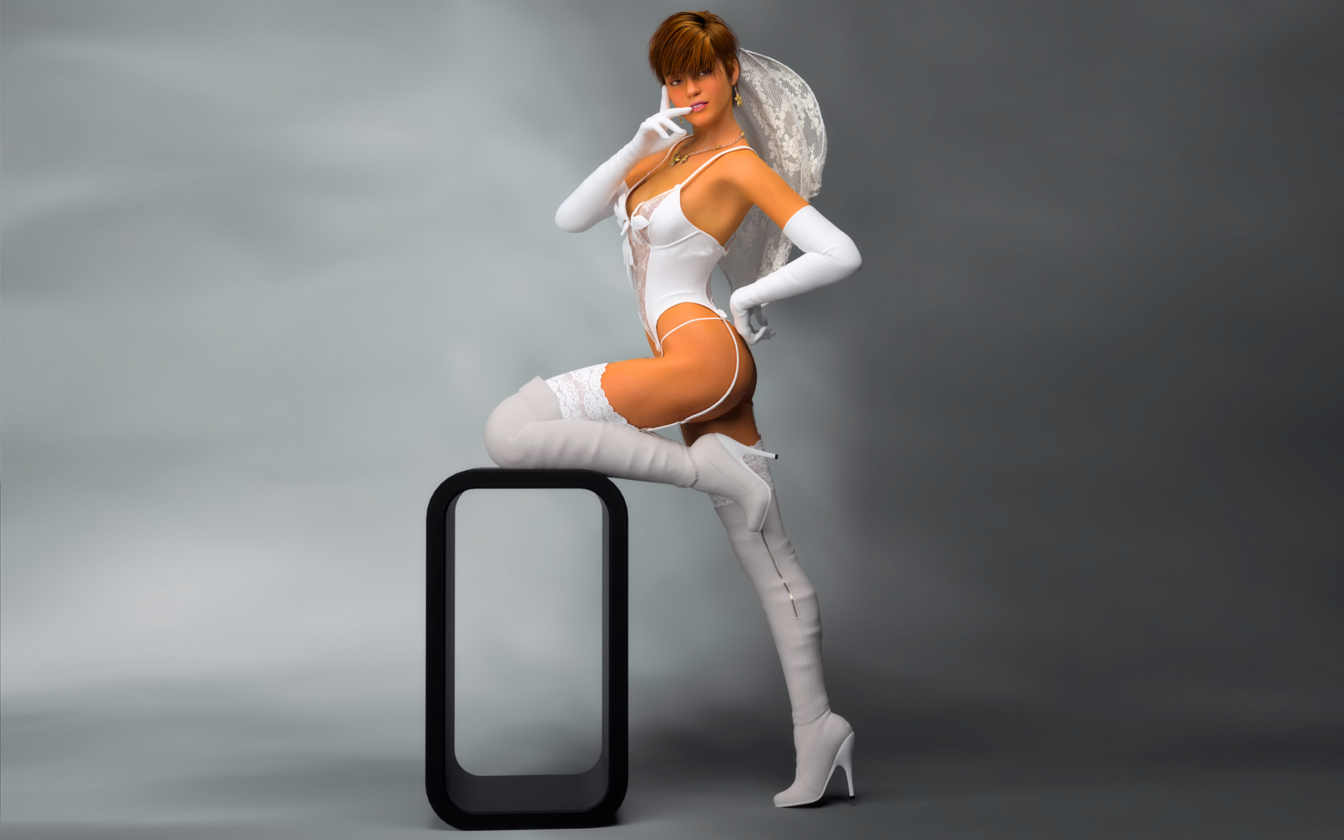 General 1920x1200 CGI lingerie women digital art white lingerie high heeled boots heels looking at viewer women indoors indoors studio necklace short hair