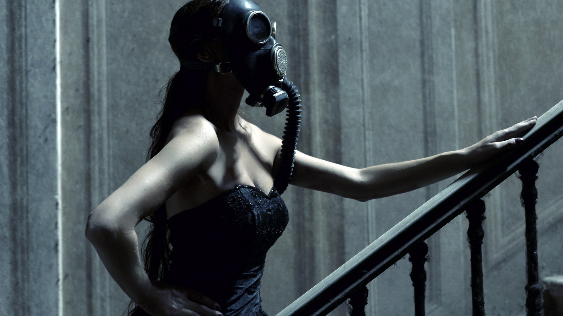 People 1920x1080 gas masks women bare shoulders model women indoors indoors mask