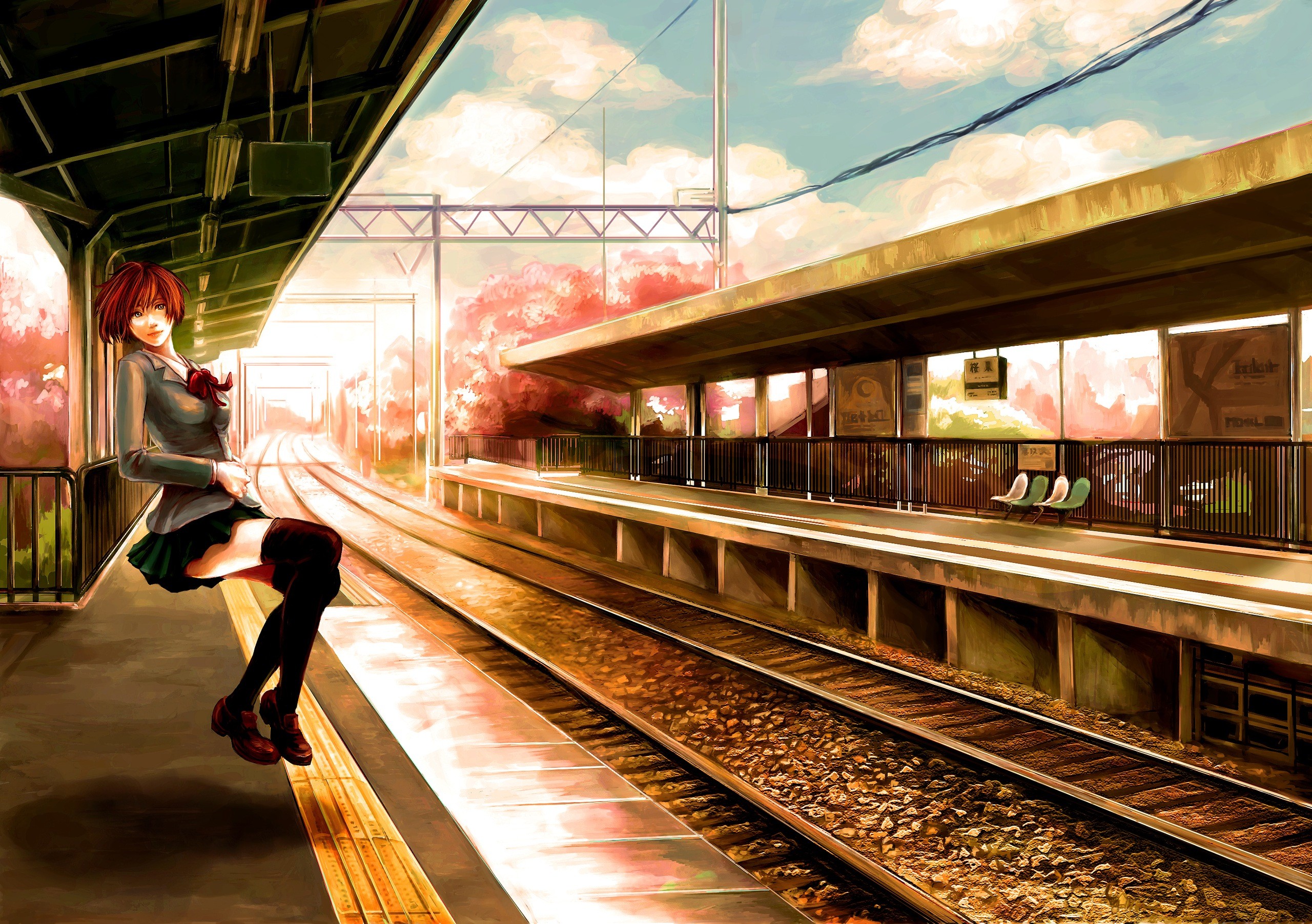 Anime 2560x1804 manga anime girls railway anime floating train station looking at viewer miniskirt stockings digital art redhead clouds sky short hair closed mouth black stockings sunlight