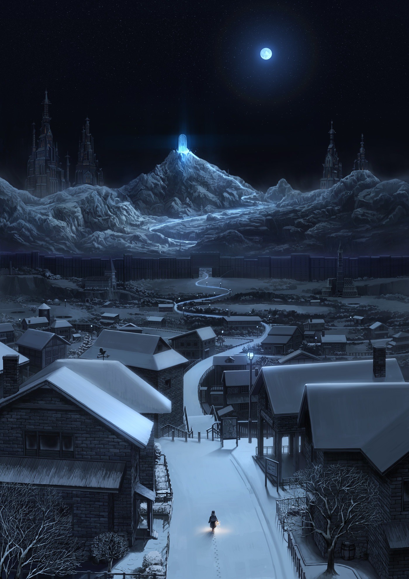 Anime 1400x1980 night snow mountains anime winter cold Moon outdoors rooftops