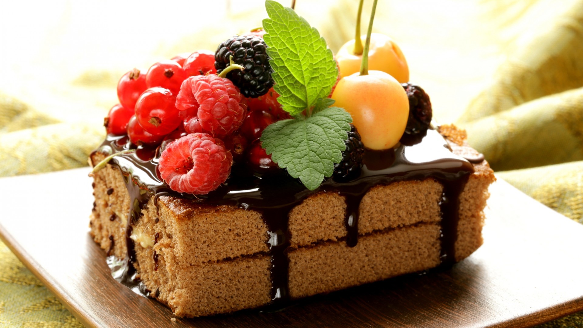 General 1920x1080 dessert cake fruit chocolate raspberries food berries cherries blackberries vibrant closeup