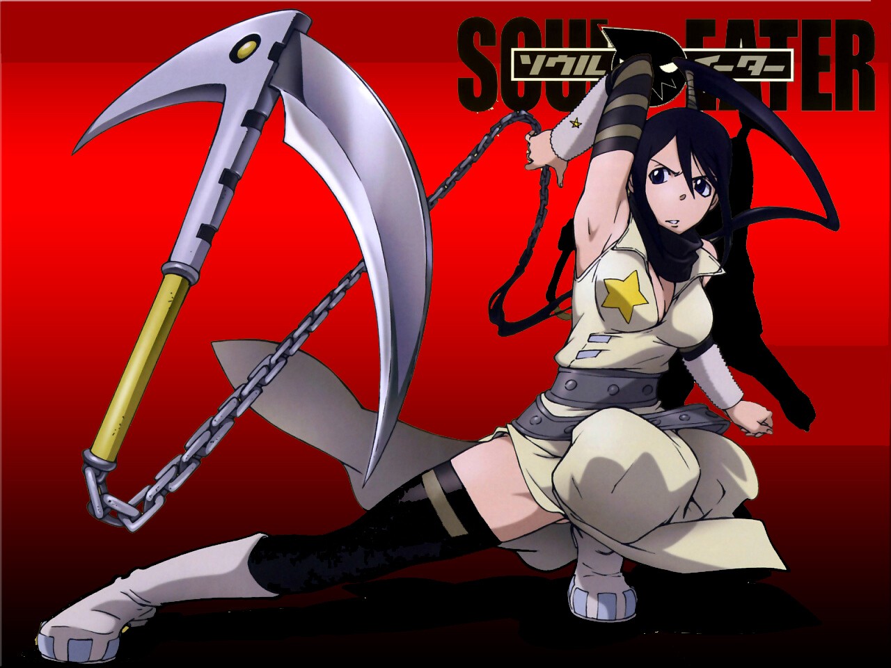 Anime 1280x960 anime anime girls Tsubaki Nakatsukasa Soul Eater weapon red background arms up armpits