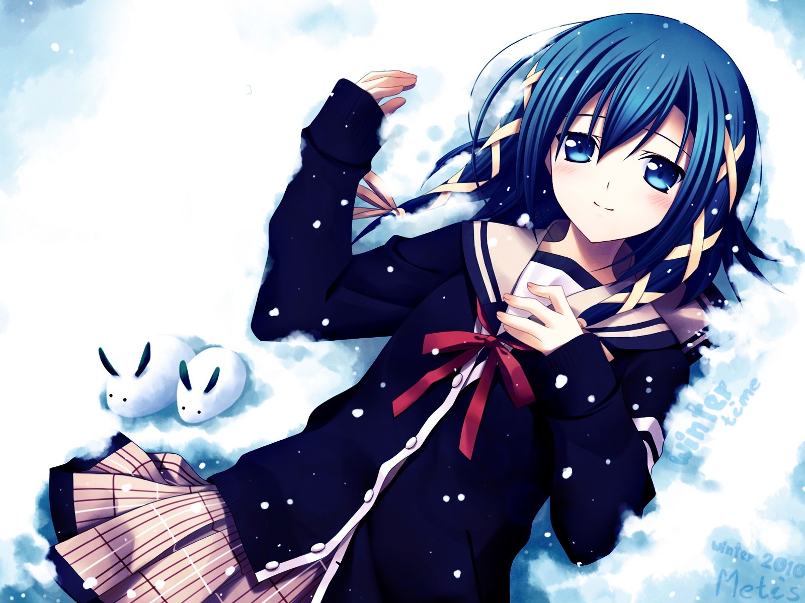 Anime 1600x1200 snow school uniform schoolgirl blue hair blue eyes anime girls Zinno