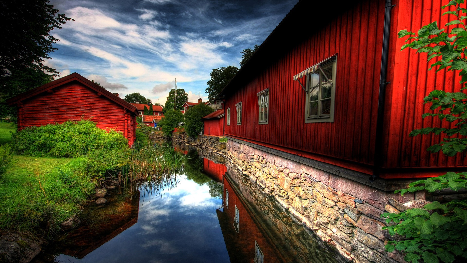 General 1920x1080 Sweden village wood house creeks reflection outdoors idyllic