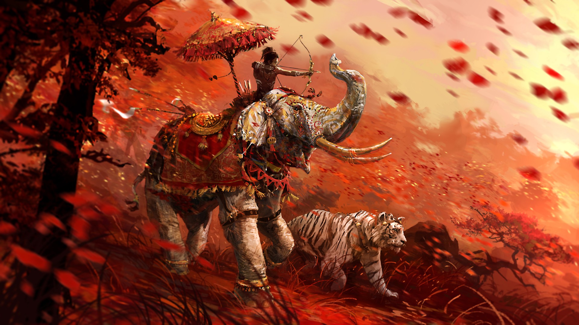 General 1920x1080 Far Cry 4 elephant white tigers bow and arrow tiger animals mammals video games video game art bow India Indian