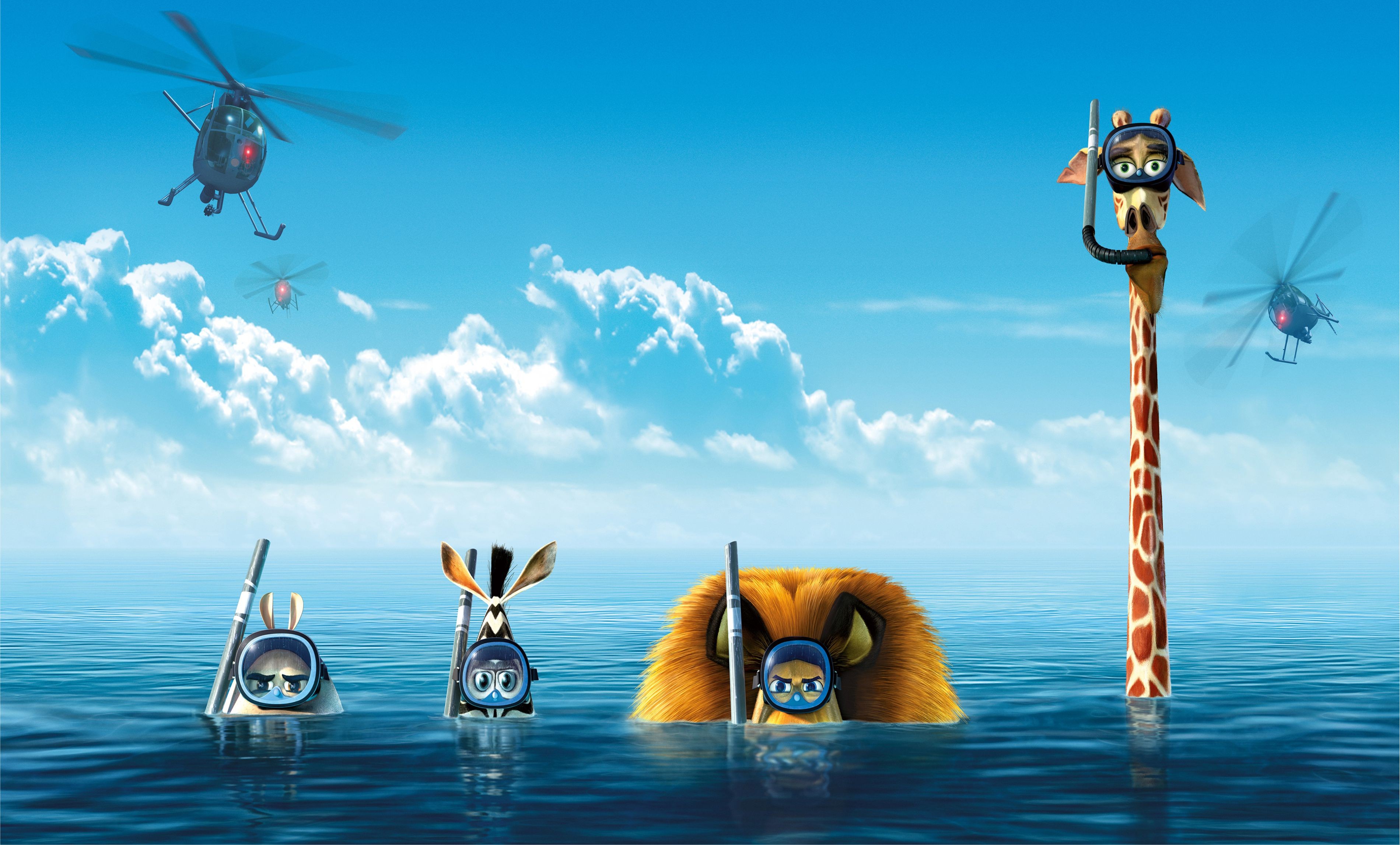 General 3800x2293 Madagascar (movie) movies animated movies digital art in water looking at viewer sky swimming goggles water helicopters aircraft giraffes hippos zebras lion clouds