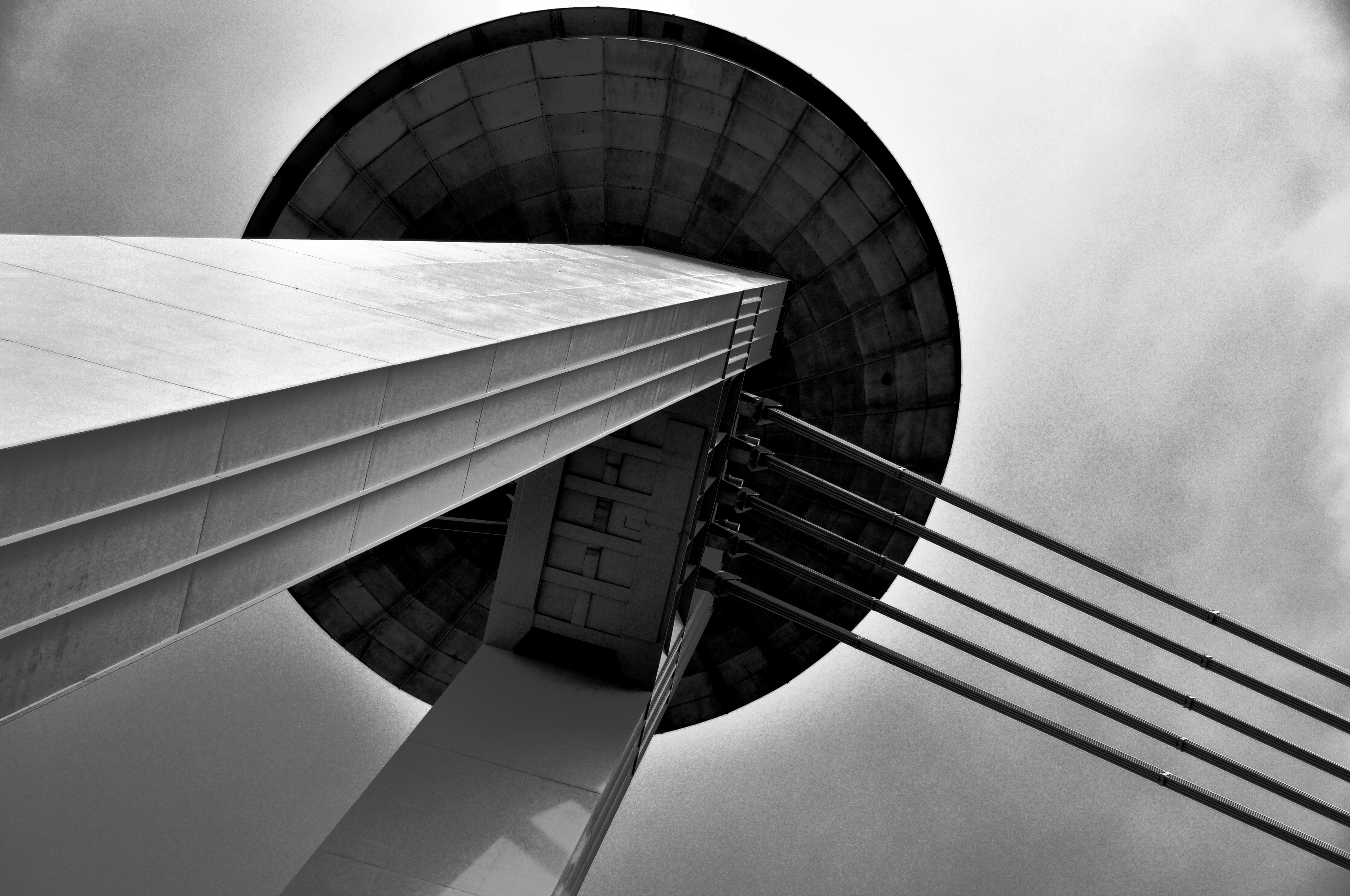 General 4288x2848 architecture bridge Bratislava Slovakia monochrome ropes UFO sky worm's eye view bottom view