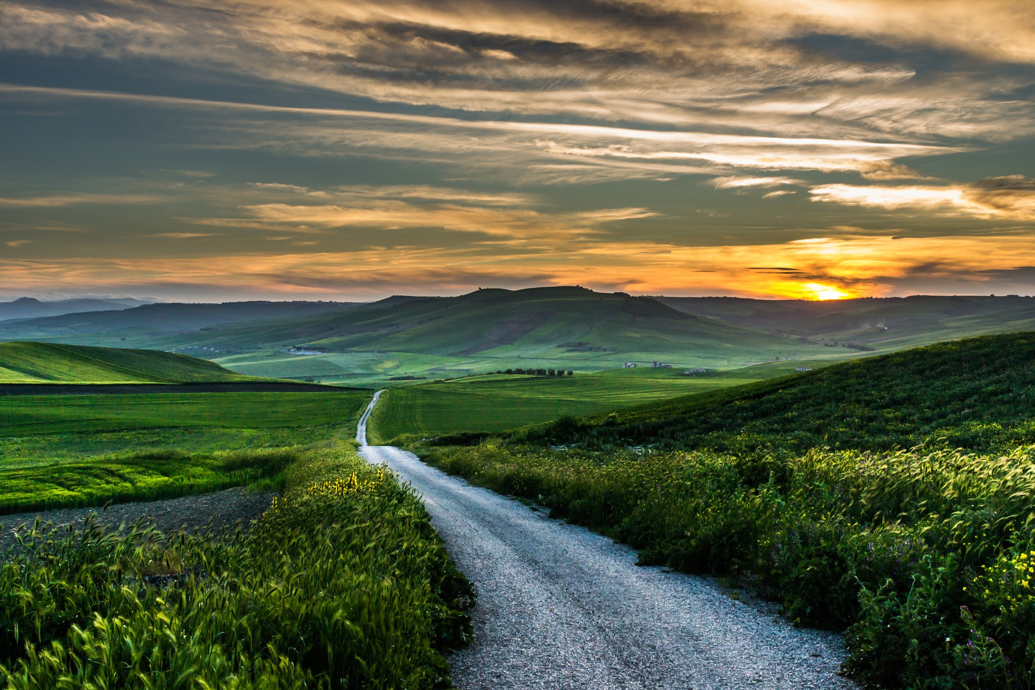 General 2048x1365 road sunset field Italy clouds grass mountains wildflowers green landscape nature long road
