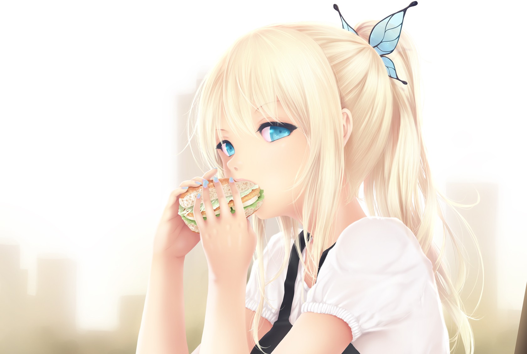 Anime 1680x1130 long hair blonde burgers eating white dress cyan hair food aqua eyes
