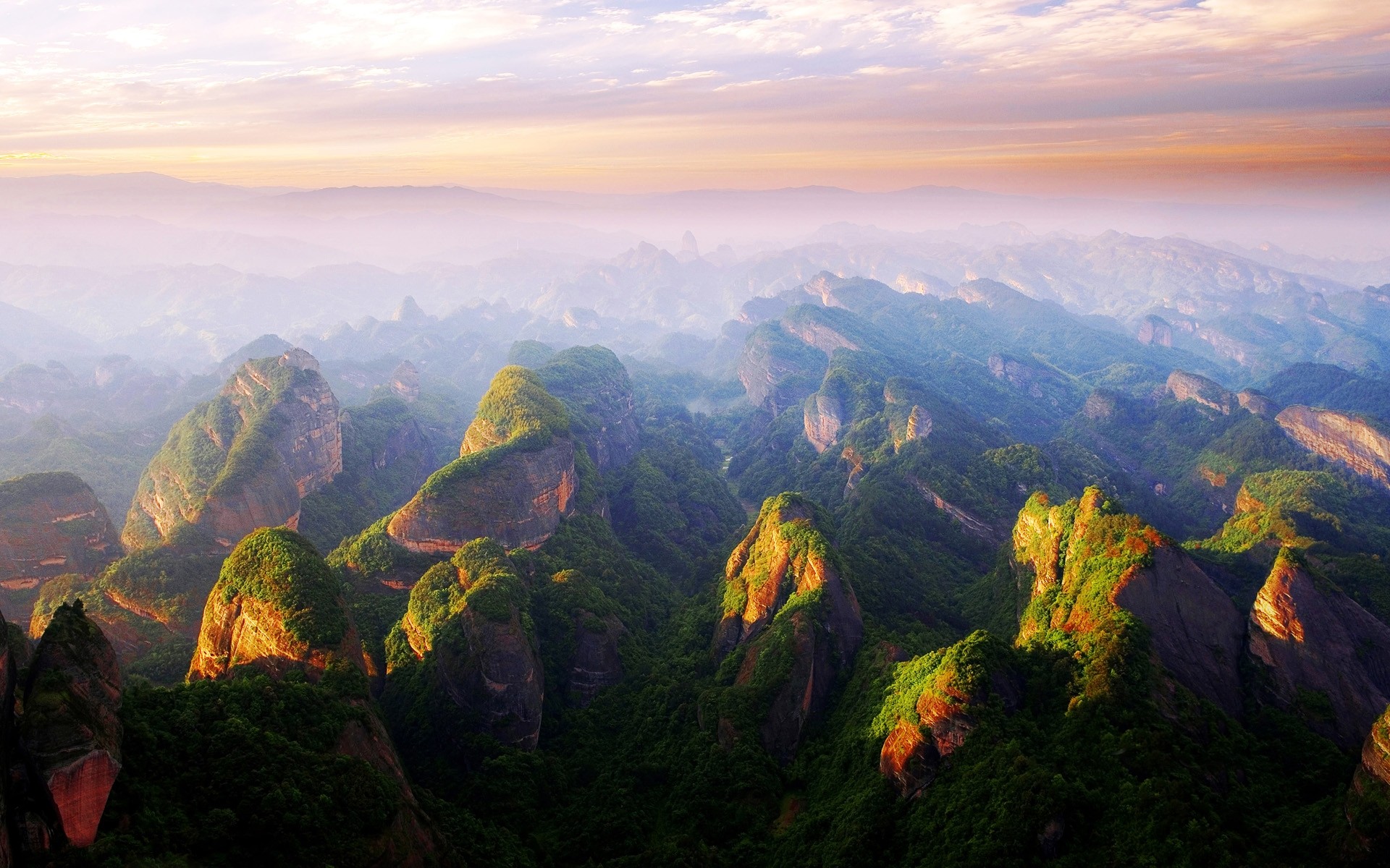 General 1920x1200 sunset mountains China mist clouds forest cliff nature landscape Asia