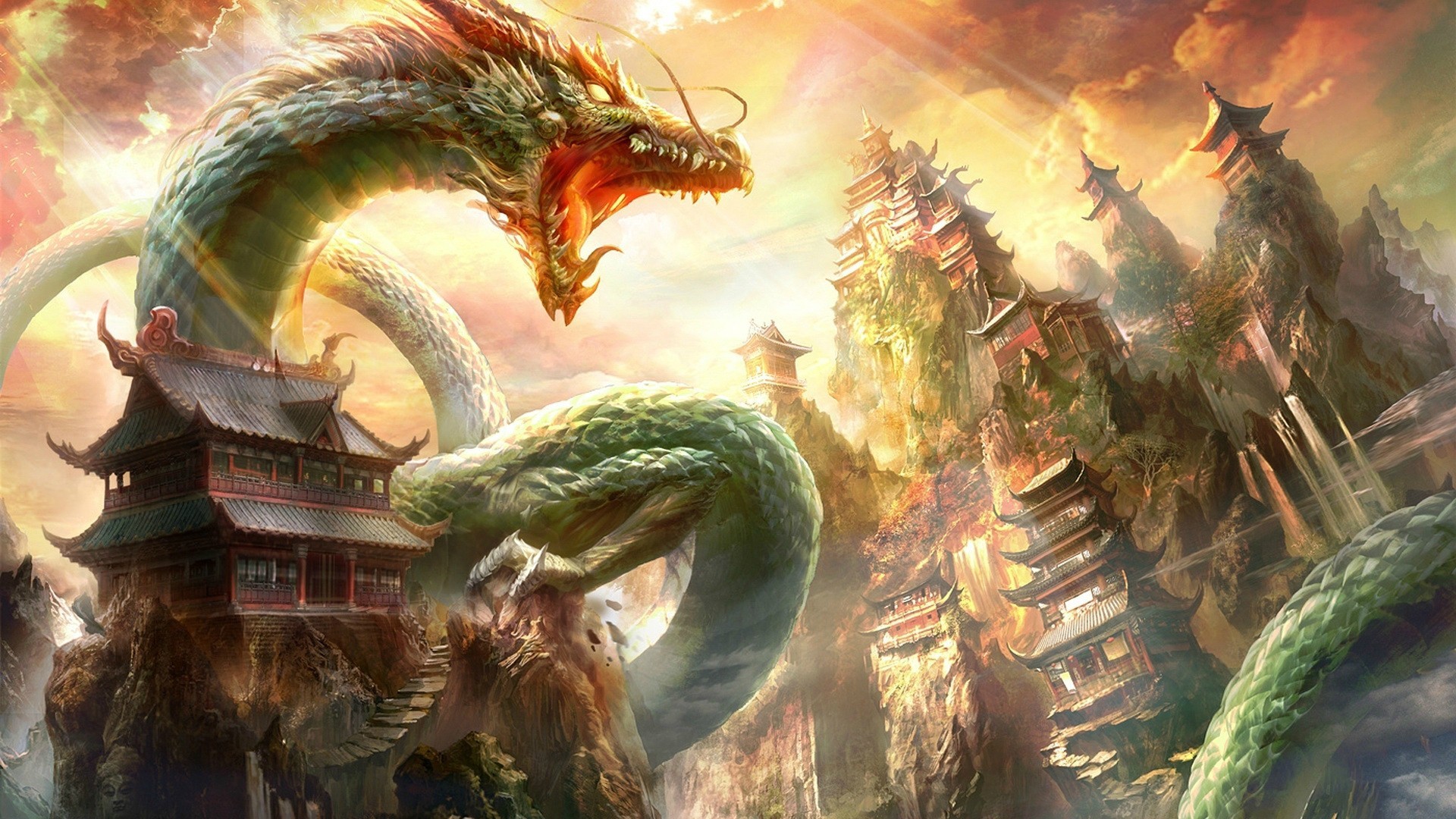 General 1920x1080 digital art fantasy art Chinese architecture house sunlight clouds rocks Chinese Asia Chinese dragon
